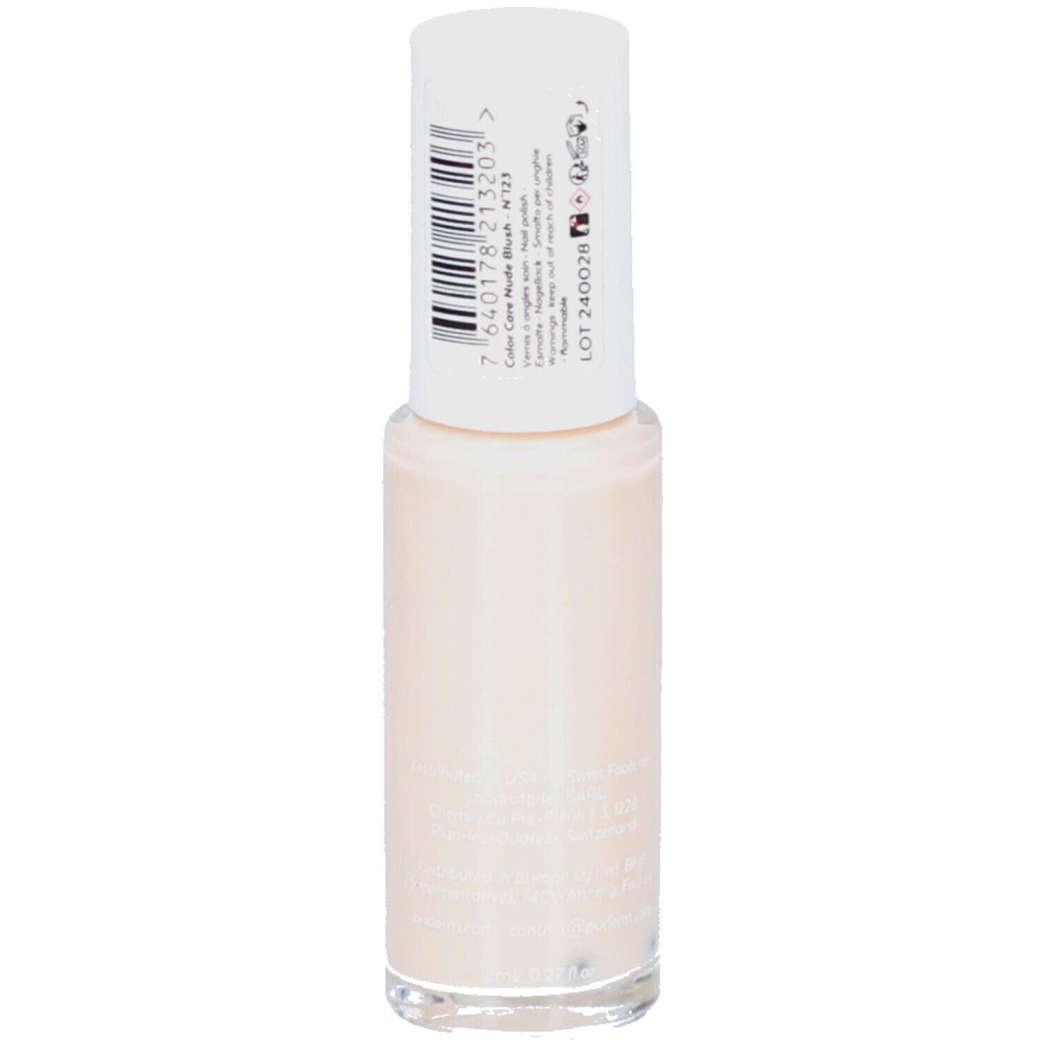 Nagellakflesje met witte dop. Kleur: Nude blush. Barcode en productinformatie op etiket. Opschrift: Color Care Nude blush N°123.