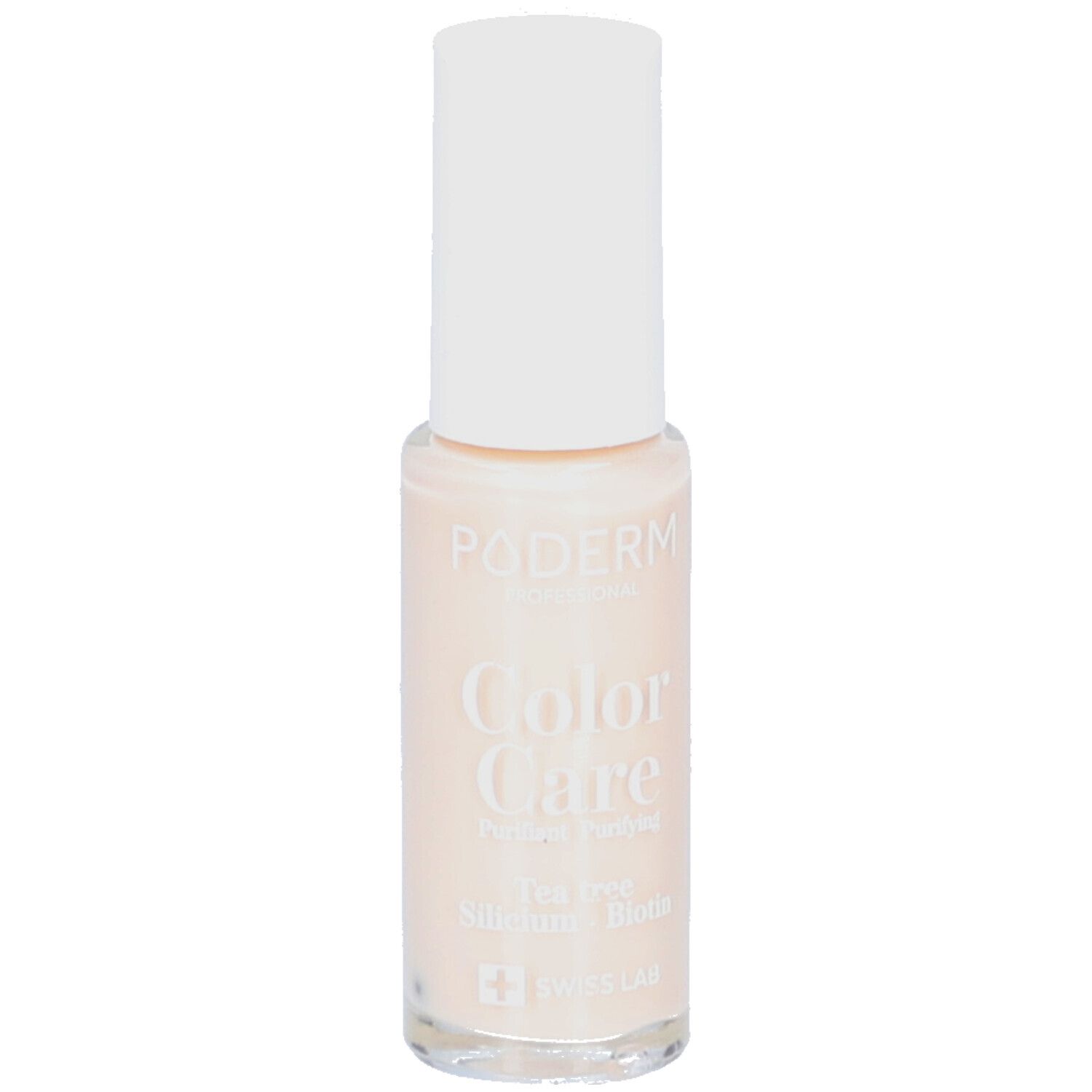 Nagellakflesje met witte dop. Opschrift: PODERM, Color Care, Perfect Finish. Kleur: Nude blush. Bevat Tea tree, Silicium, Biotine. Swiss Lab.