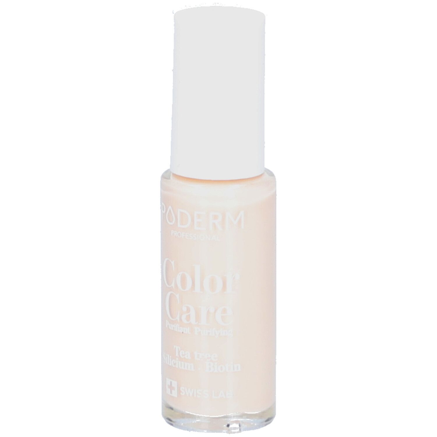Nagellakflesje met witte dop. Opschrift: PODERM, Color Care, Perfect Finish. Kleur: Nude blush. Bevat Tea tree, Silicium, Biotine. Swiss Lab.