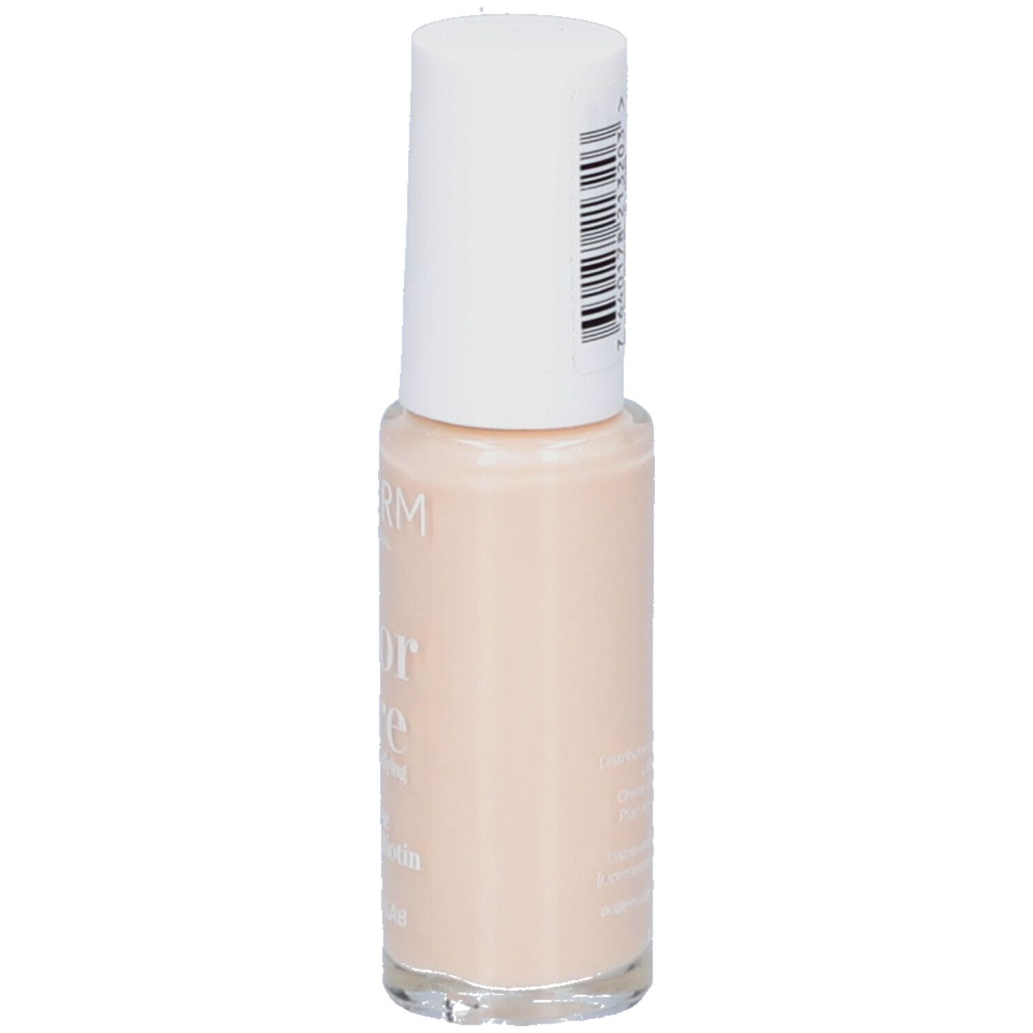 Nagellakflesje met witte dop. Kleur: Nude blush. Opschrift: PODERM, Color Care, Perfect Finish. Bevat Tea tree, Silicium, Biotine. Swiss Lab.