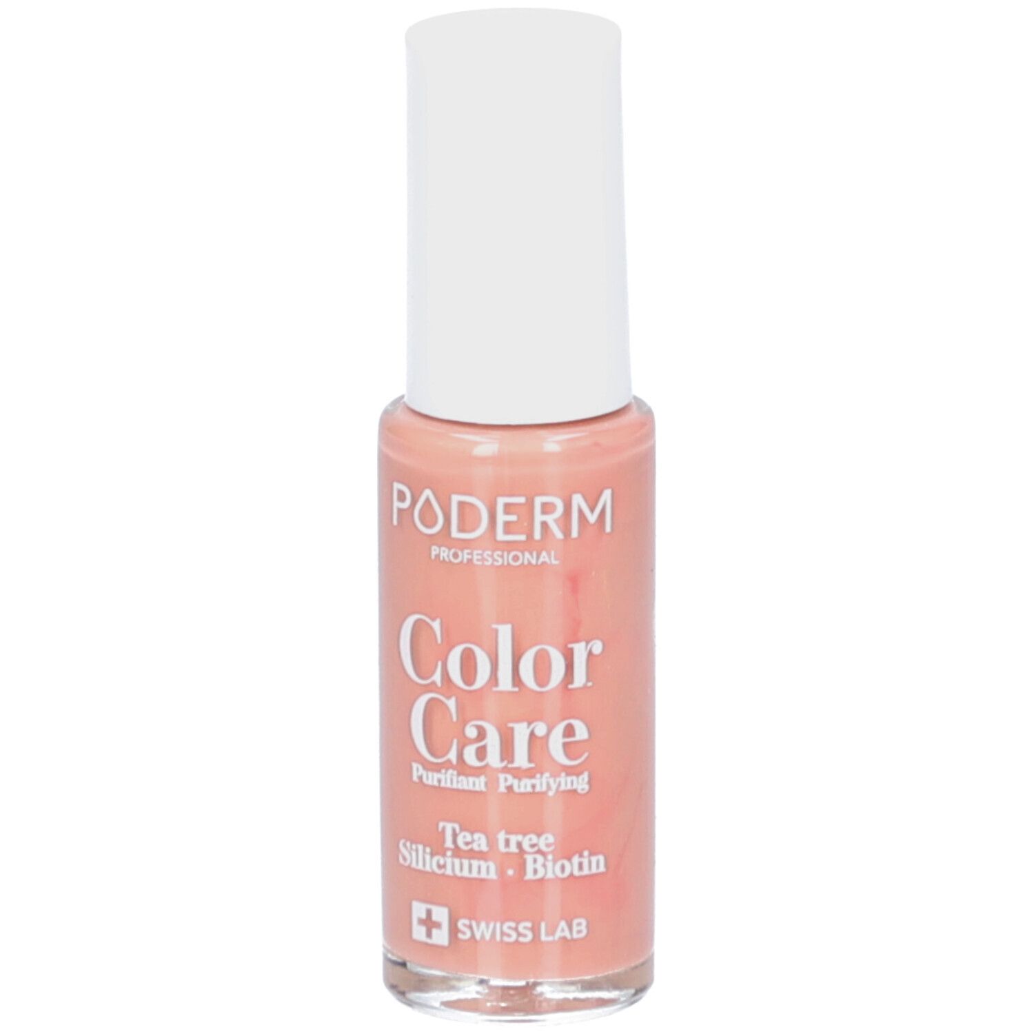 Nagellakfles met witte dop. Opschrift: PODERM Color Care, Nude beige. Bevat Tea tree, Silicium, Biotine. Swiss Lab.