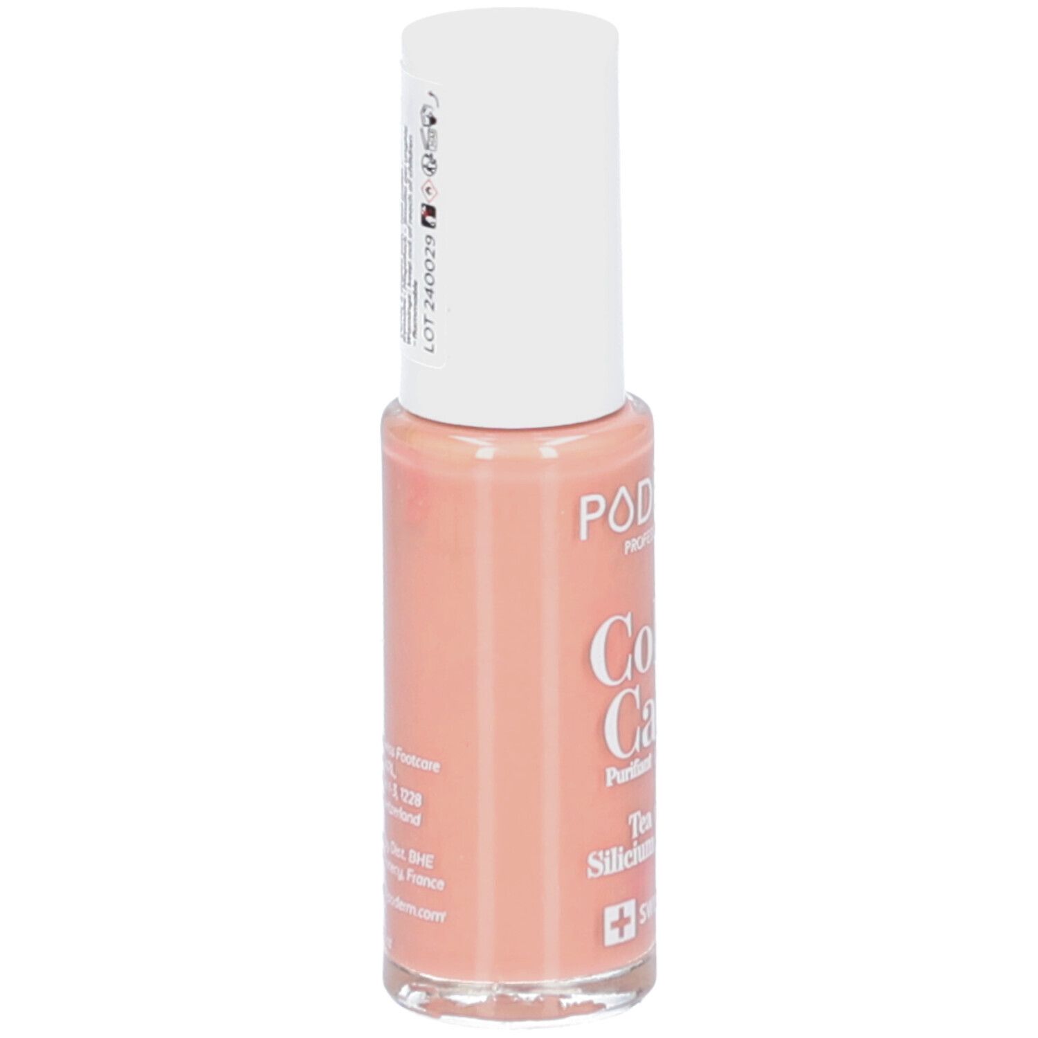 Nagellakfles met witte dop. Opschrift: PODERM Color Care, Nude beige. Bevat Tea tree, Silicium, Biotine. Swiss Lab.