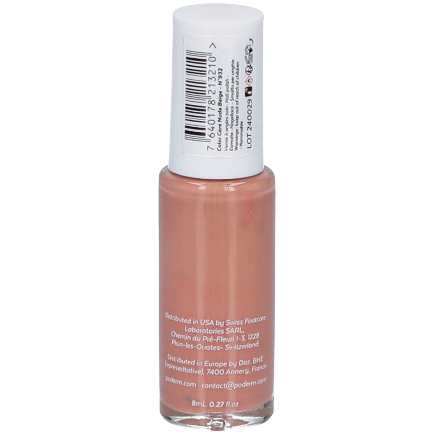 Nagellakfles, achterkant. Opschrift: Color Care Nude Beige. Bevat 8ml. Fabrikantinformatie. Barcode.