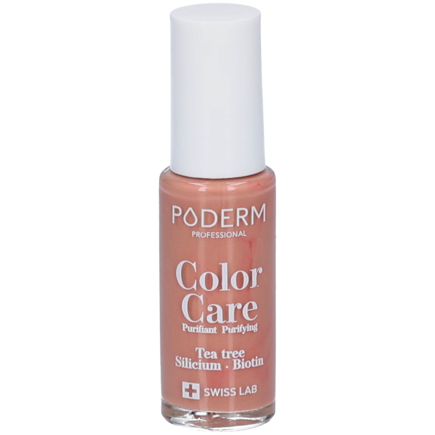 Nagellakfles met witte dop. Opschrift: PODERM Color Care, Nude beige. Bevat Tea tree, Silicium, Biotine. Swiss Lab.