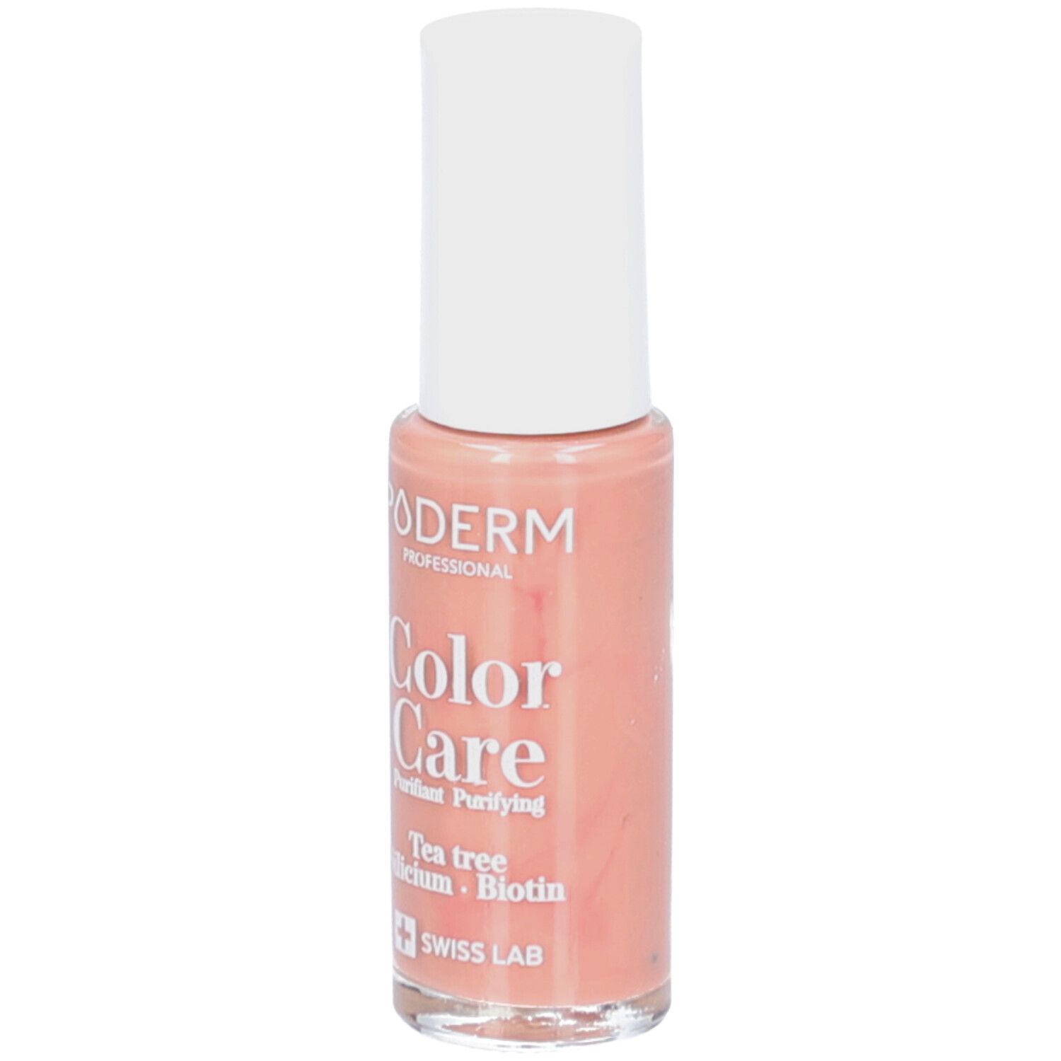 Nagellakfles met witte dop. Opschrift: PODERM Color Care, Nude beige. Bevat Tea tree, Silicium, Biotine. Swiss Lab.