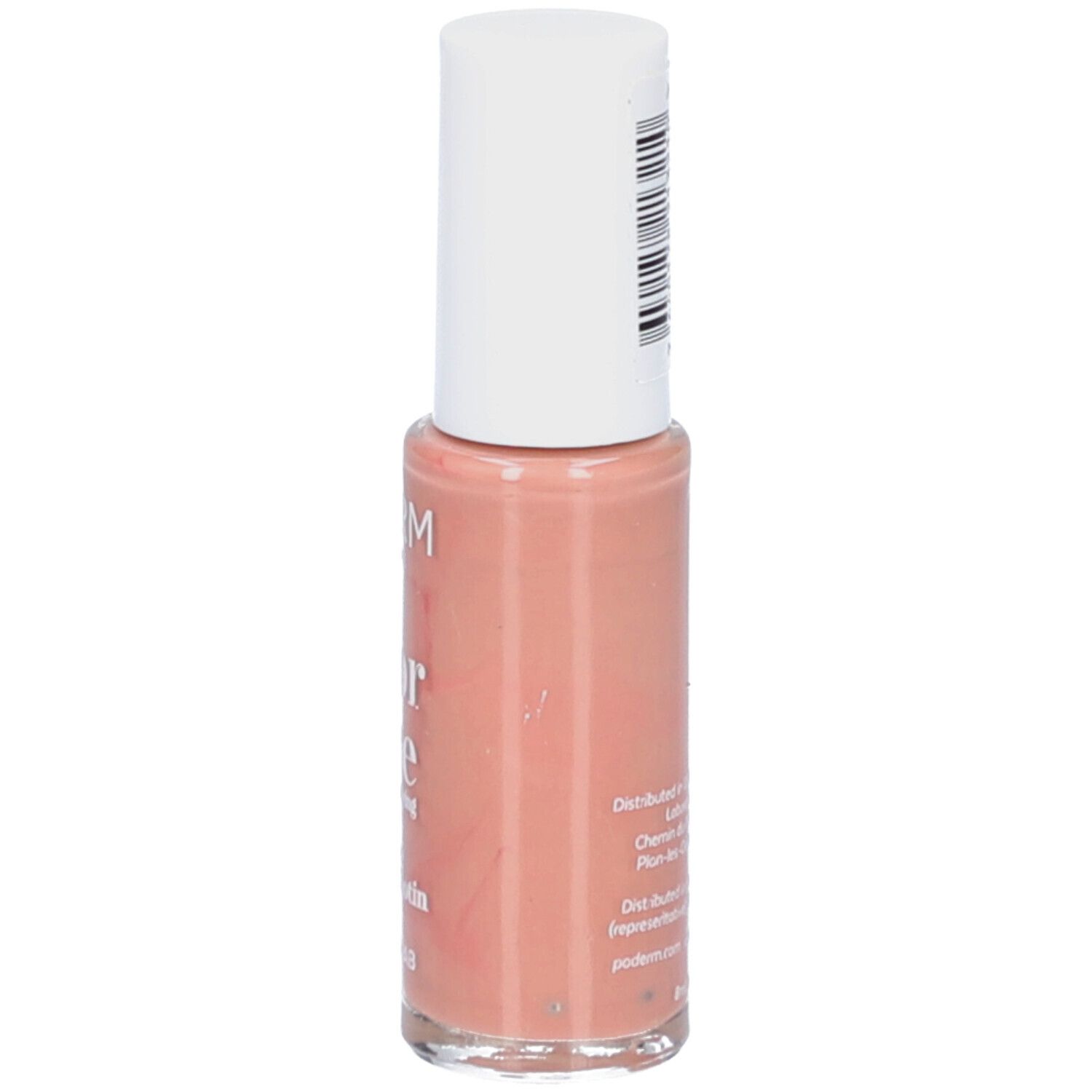 Nagellakfles, achterkant. Opschrift: Color Care Nude Beige. Fabrikantinformatie. Barcode.