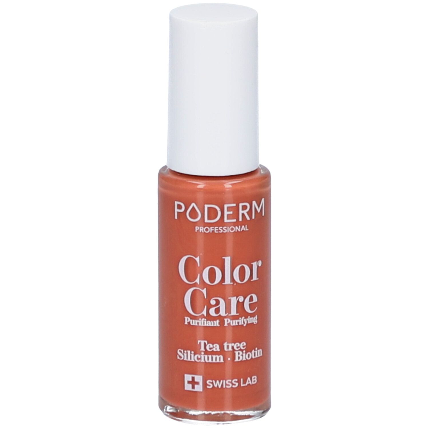 Nagellakfles met witte dop. Opschrift: PODERM, Color Care, Purifiant, Tea tree, Silicium, Biotin, Swiss Lab.