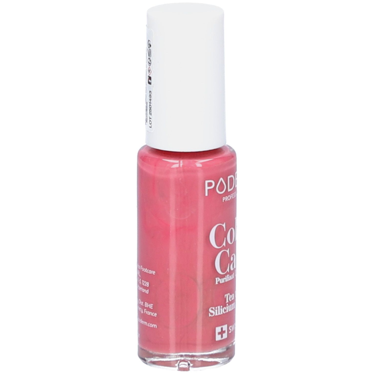 Nagellakflesje met witte dop. Roze tint. Opschrift: PODERM PROFESSIONAL Color Care. Details op het etiket.