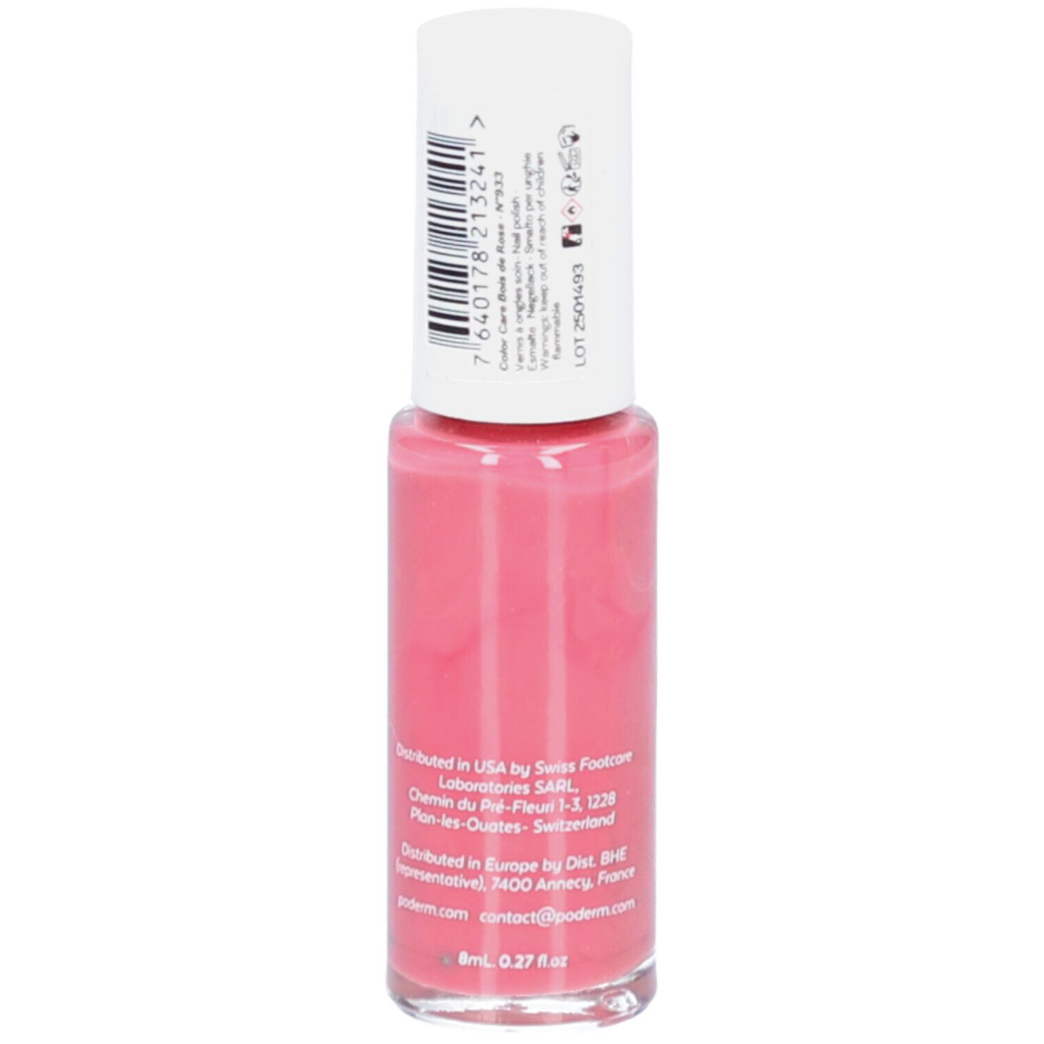 Nagellakflesje met witte dop. Achterkant met barcode en tekst. Volume: 8ml, 0.27 fl oz.