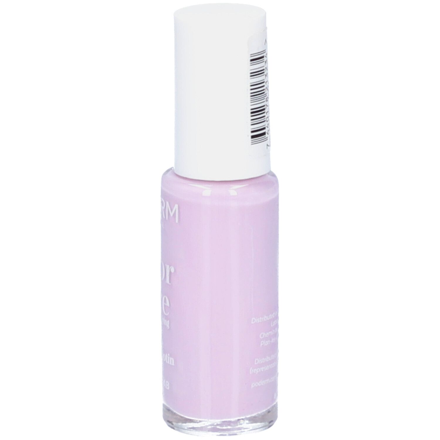 Flacon de vernis à ongles lilas. Bouchon blanc. Inscriptions: PODERM, Color Care, Tea tree, Silicium, Biotin. Logo Swiss Lab.