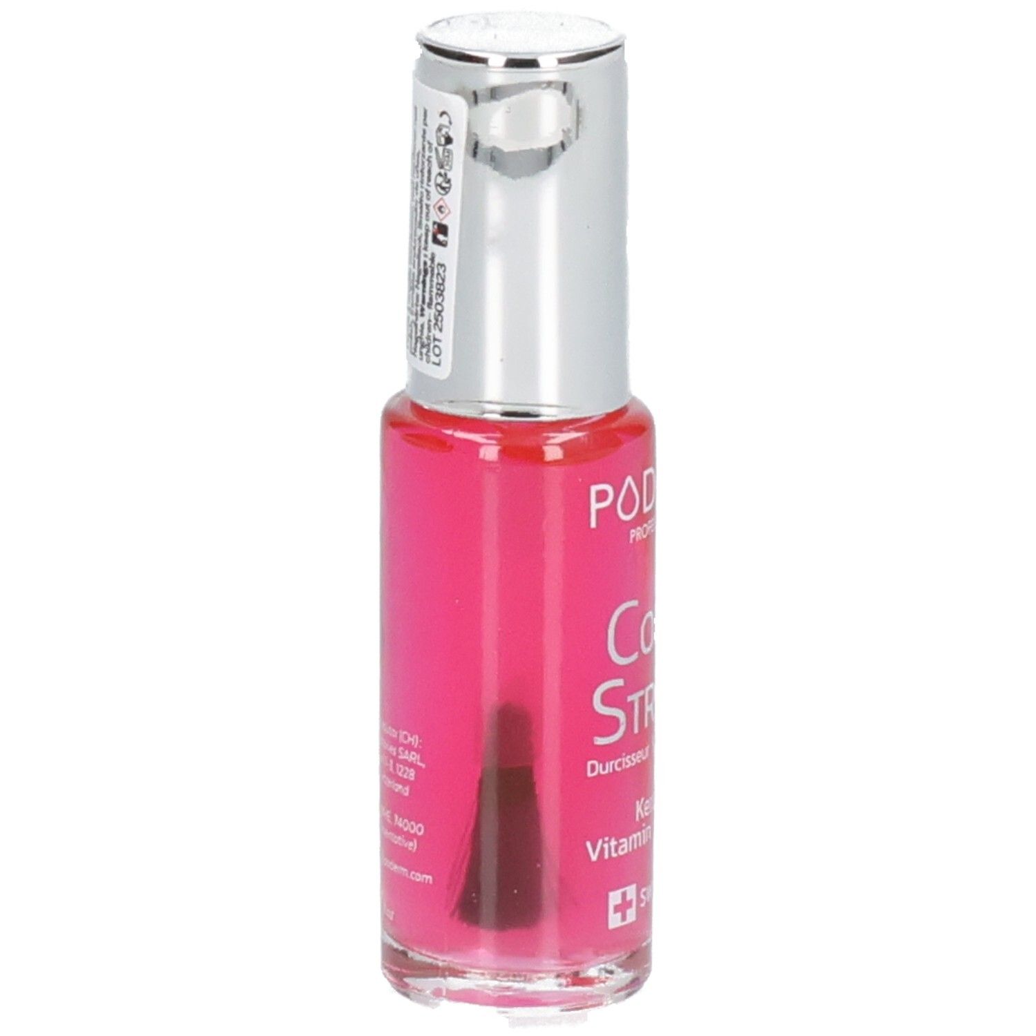 Flacon de durcisseur pour ongles, bouchon argenté. Visible : pinceau. Inscription : PODERM Color Strong. Contient kératine, vitamine, silicium.