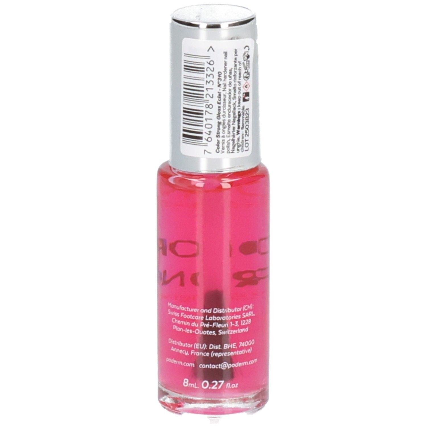 Dos du flacon de durcisseur pour ongles. Contient des informations. Inscription : 8 ml, 0,27 fl oz. Informations fabricant et distributeur.