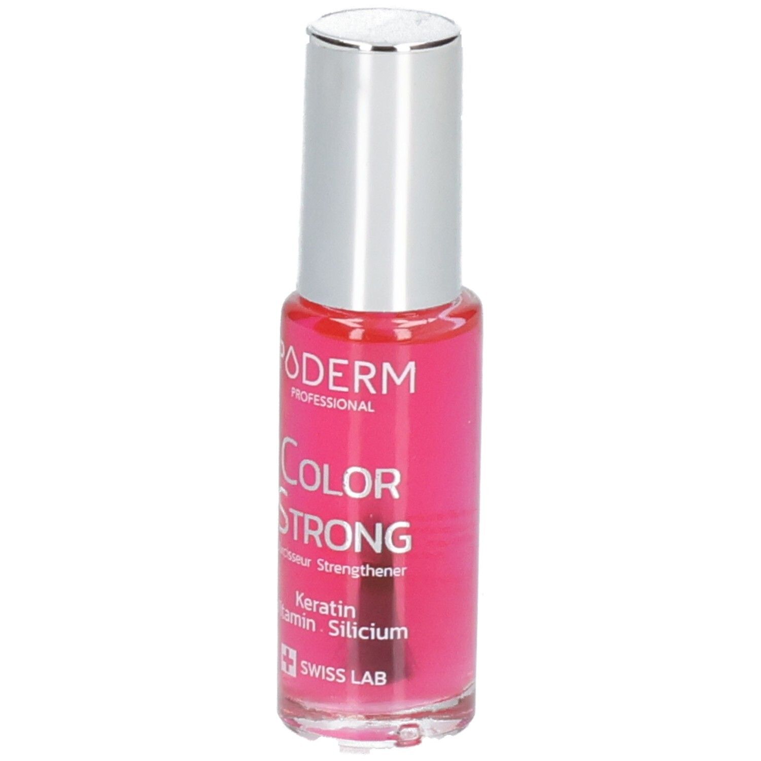 Flacon de durcisseur pour ongles, bouchon argenté. Inscription : PODERM Color Strong. Contient kératine, vitamine, silicium. Swiss Lab.