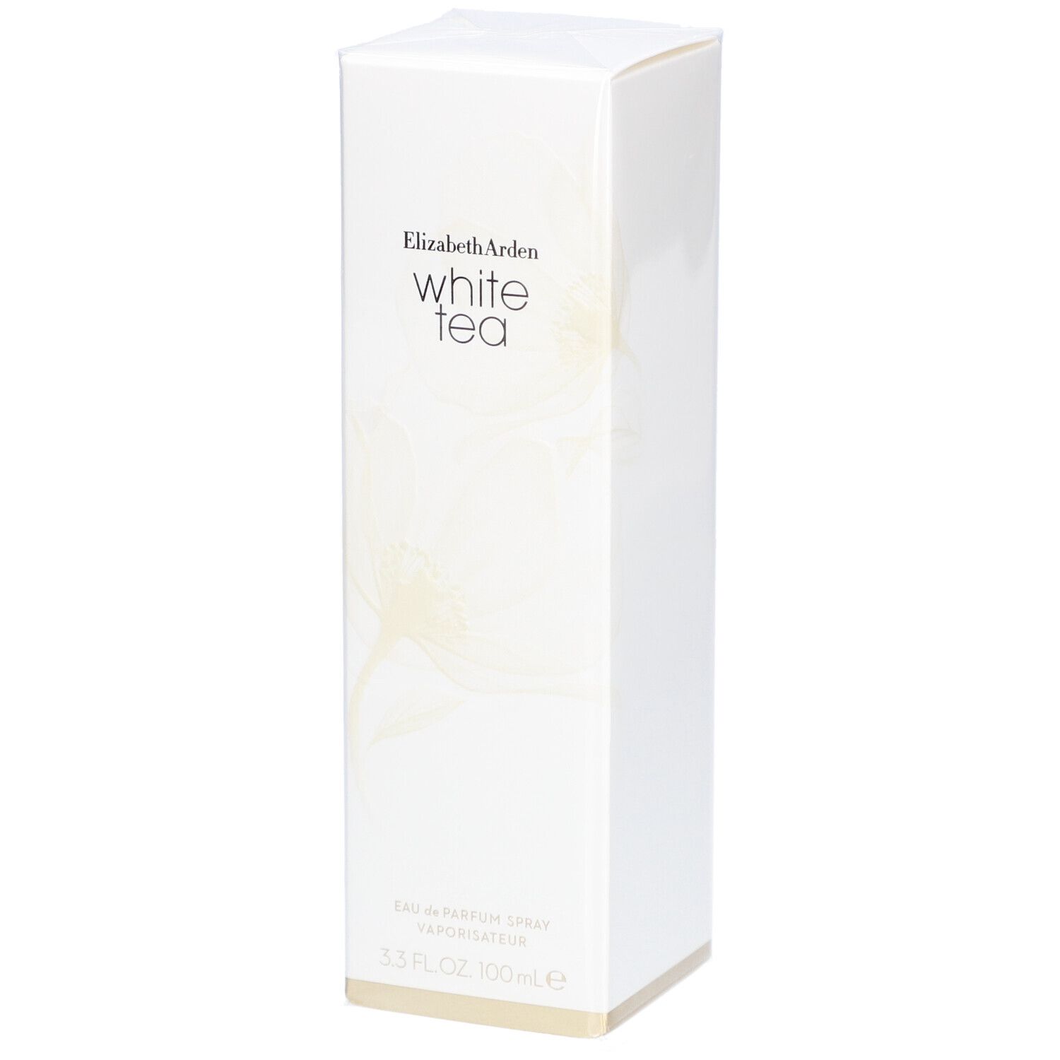 Witte rechthoekige verpakking met merk- en productnaam. Onderaan staat "Eau de Parfum Spray".