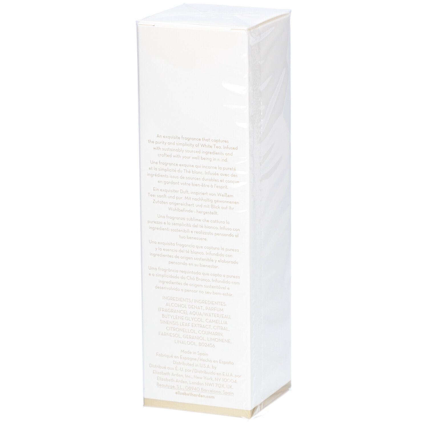 Witte rechthoekige verpakking met tekst. Tekst in meerdere talen, waaronder ingrediënten en fabrikant.