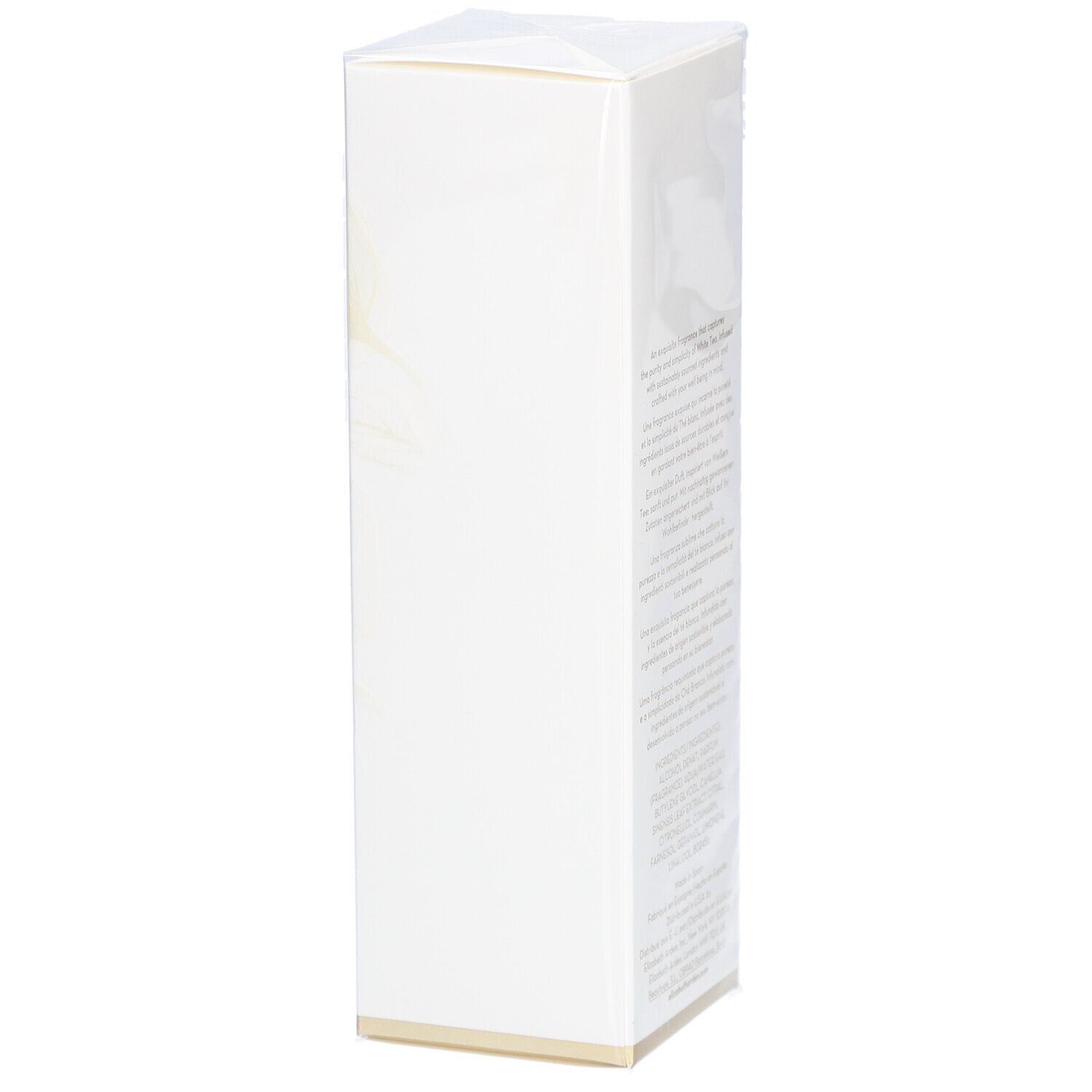 Witte rechthoekige verpakking in transparante folie. Tekst op de verpakking zichtbaar.