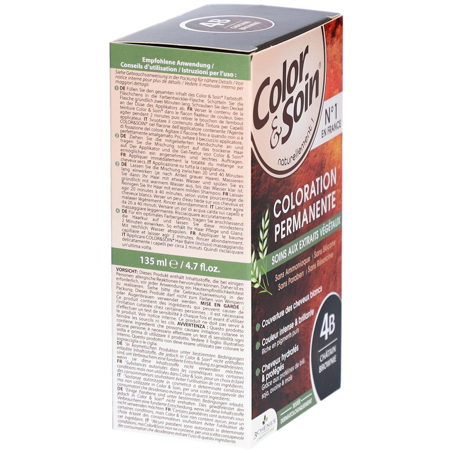 Zijkant van de haarkleurdoos Color & Soin. Tekst: Coloration Permanente, Soins aux extraits végétaux. 135 ml/4.7 fl.oz. Meertalige gebruiksaanwijzing.