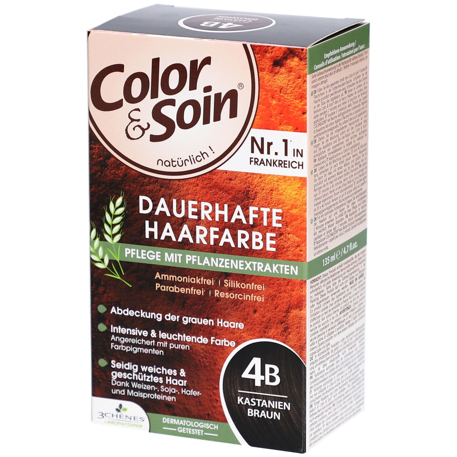 Haarkleurdoos Color & Soin 4B Kastanjebruin. Tekst: Permanente haarkleur, verzorging met plantenextracten. Zonder ammoniak, siliconen, parabenen, resorcinol.