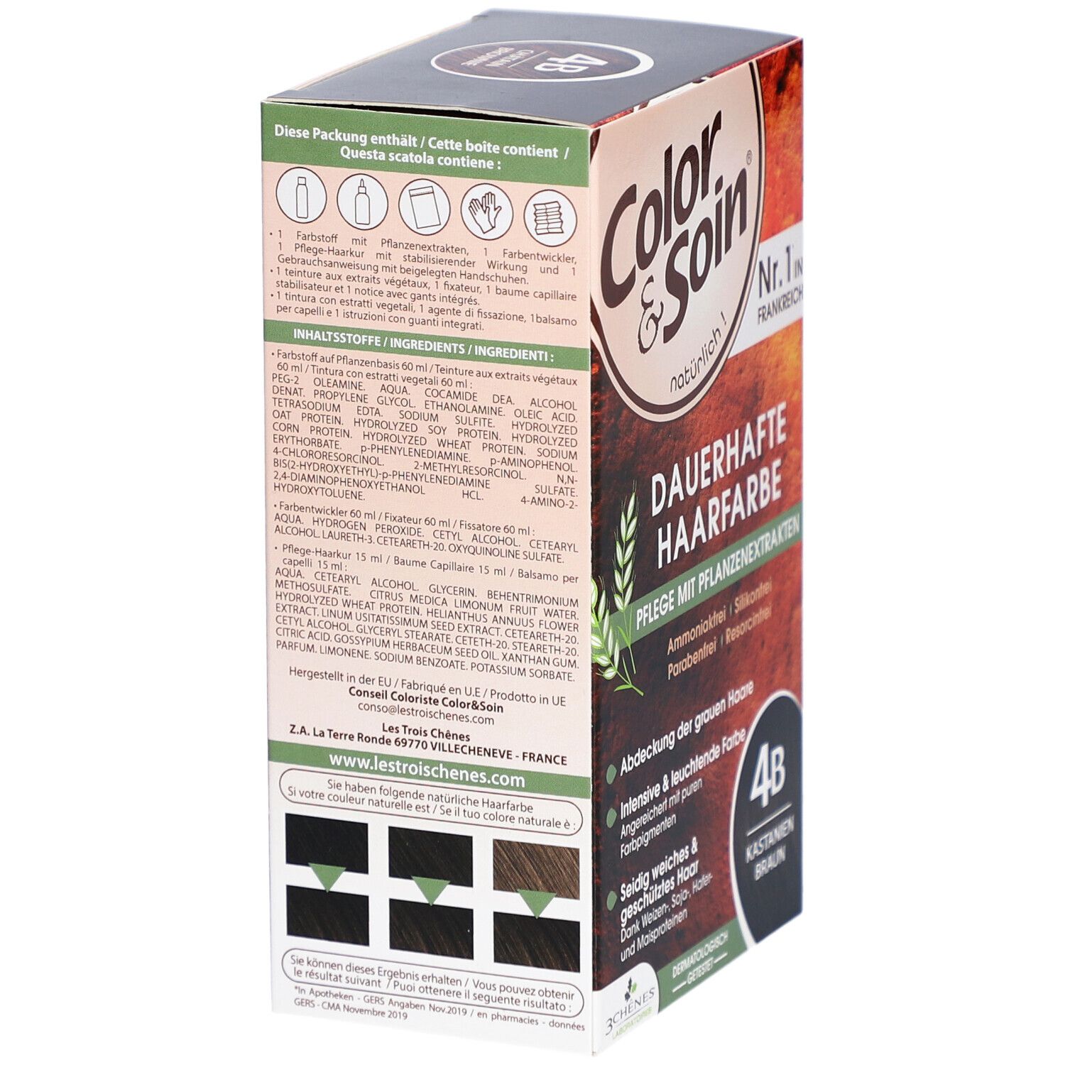 Achterkant van de haarkleurdoos Color & Soin. Tekst: Permanente haarkleur, verzorging met plantenextracten. Ingrediënten, kleurexamples, fabrikantenadres.