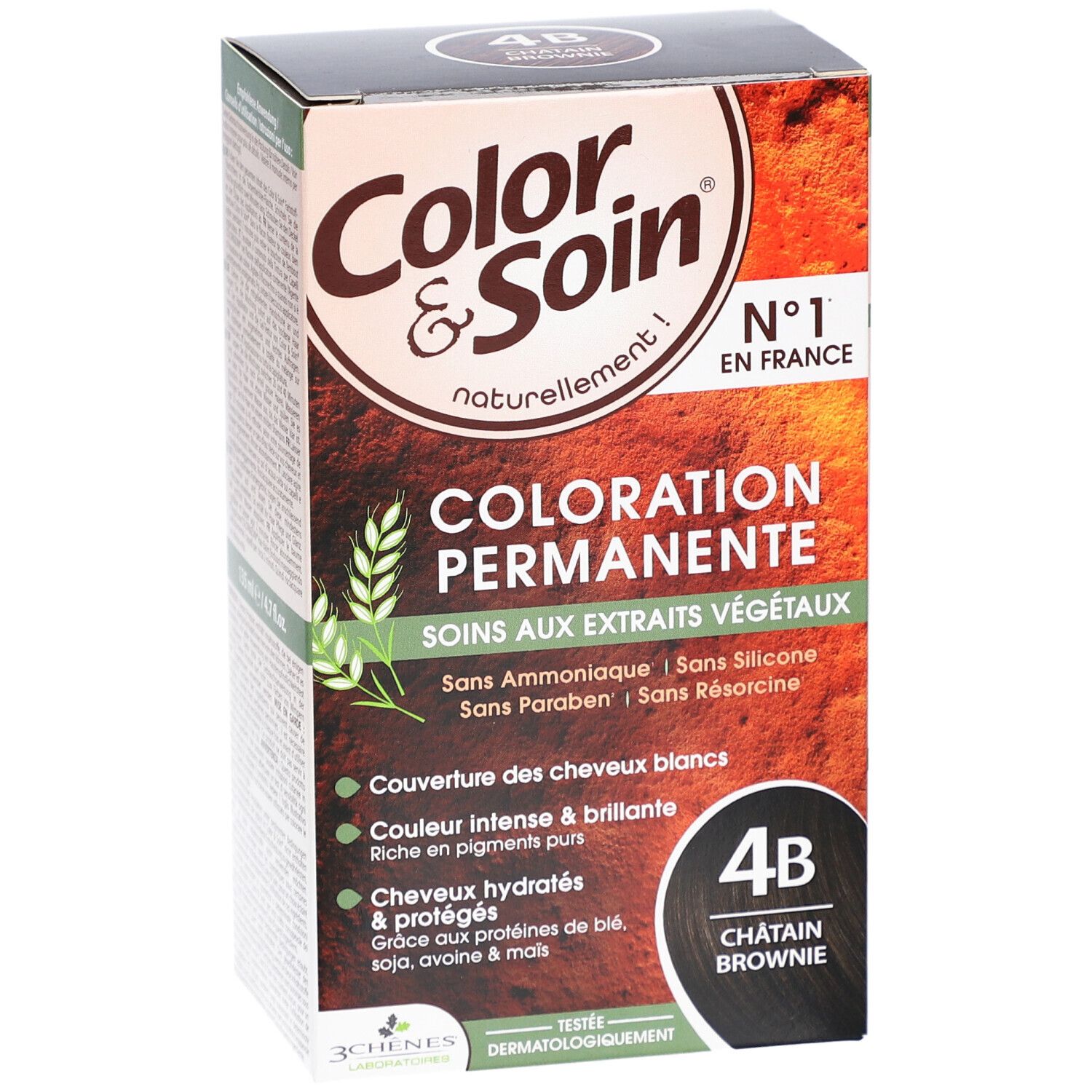 Haarkleurdoos Color & Soin 4B Châtain Brownie. Tekst: Coloration Permanente, Soins aux extraits végétaux. Zonder ammoniak, siliconen, parabenen, resorcinol.