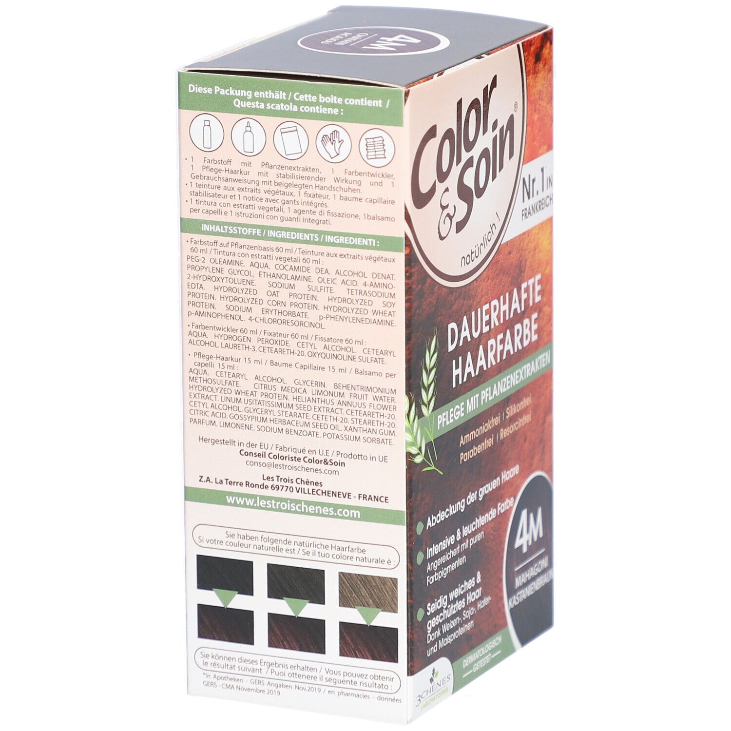 Color & Soin® coloration permanente 4M Châtain acajou. Boîte avec informations produit et ingrédients.