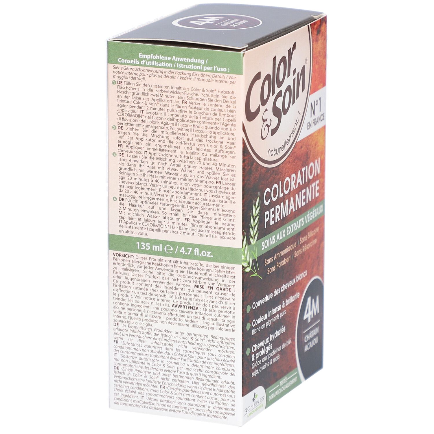 Color & Soin® coloration permanente 4M Châtain acajou. Boîte avec informations produit et ingrédients.