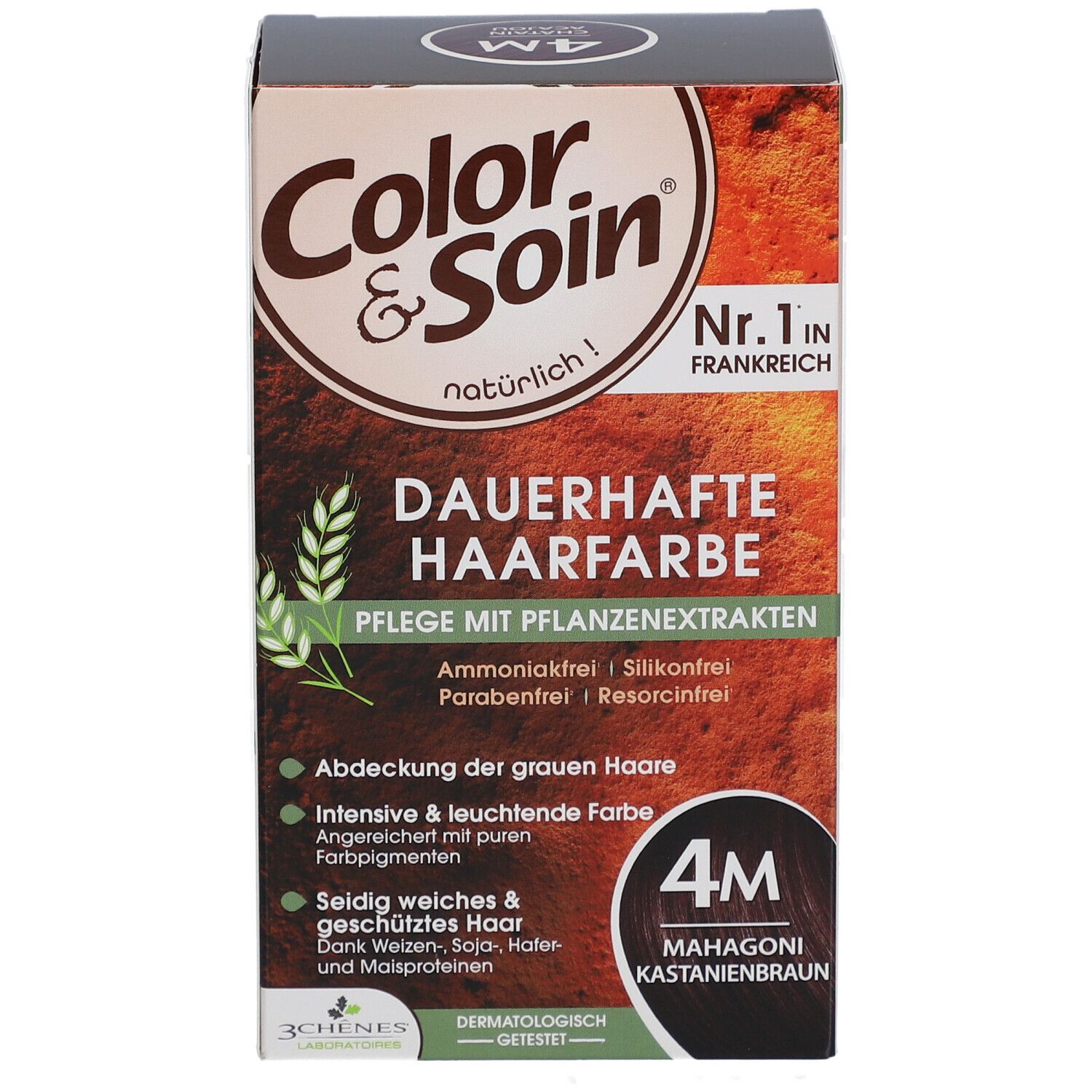 Color & Soin® coloration permanente 4M Châtain acajou. Boîte avec informations produit et ingrédients.
