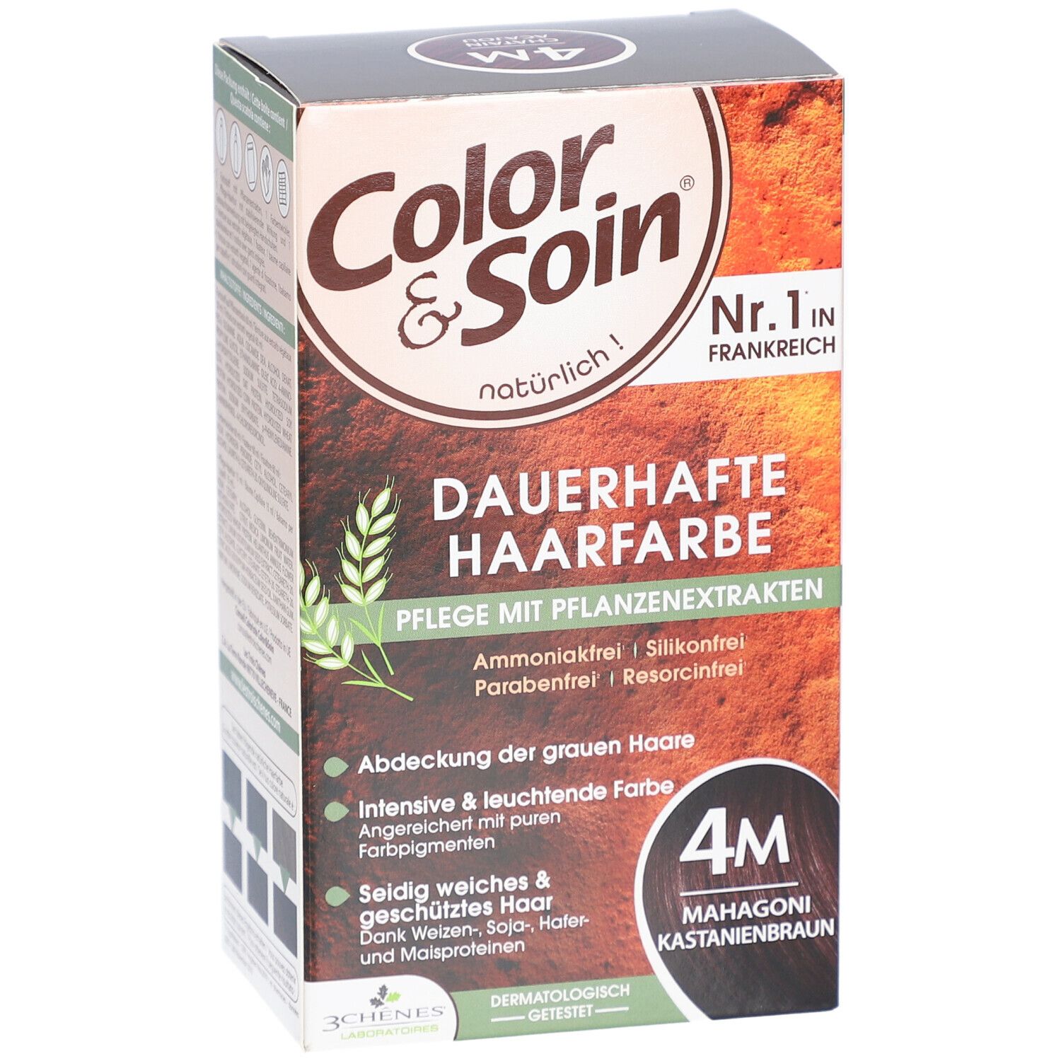 Color & Soin® coloration permanente 4M Châtain acajou. Boîte avec informations produit et ingrédients.