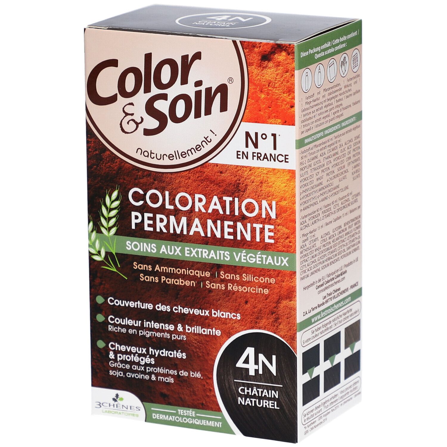 Verpakking haarverf "Color & Soin" 4N Châtain Naturel. Tekst: "Coloration Permanente", "Soins aux extraits végétaux". Met logo.