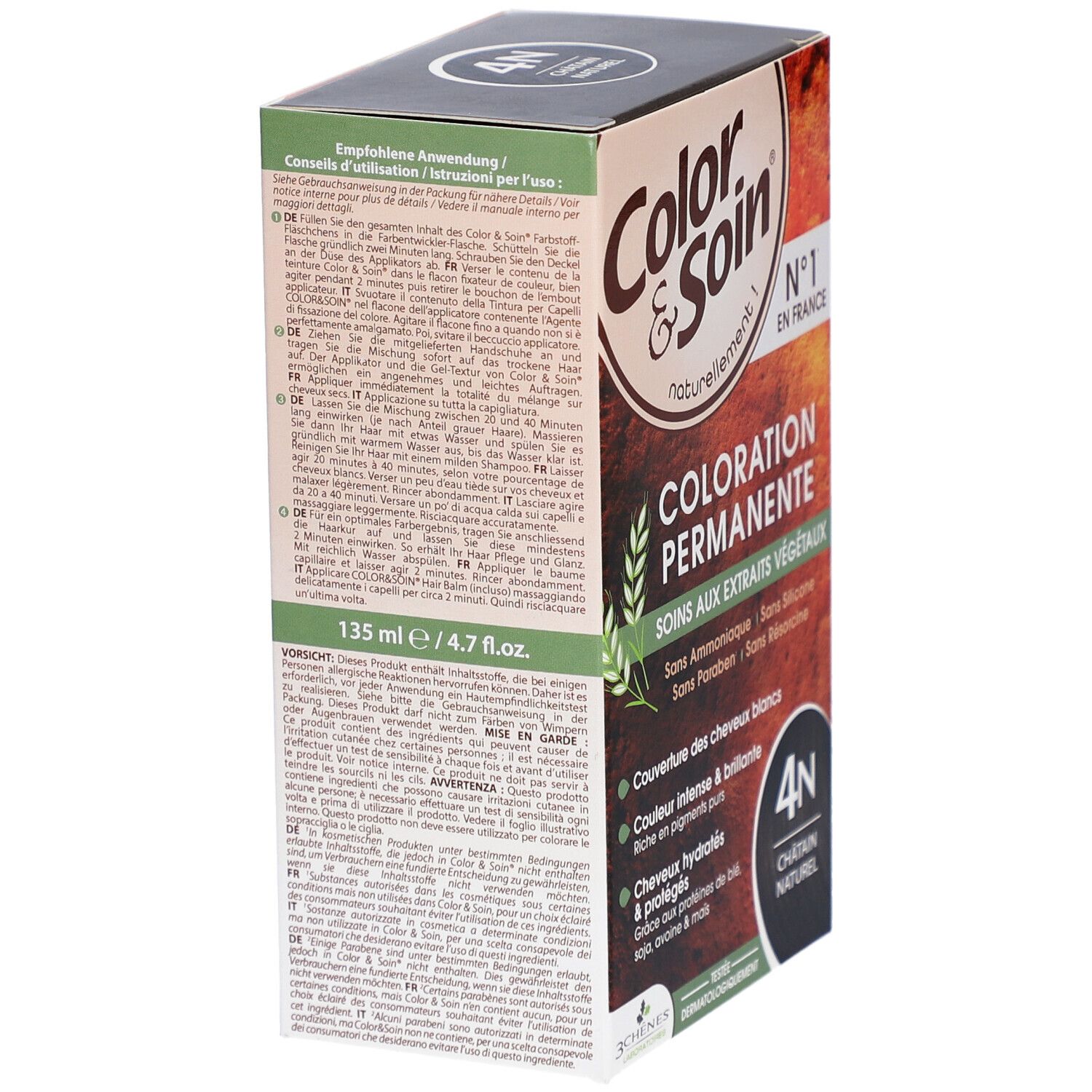 Verpakking "Color & Soin" met meertalige teksten. Bevat "Coloration Permanente" en "4N Châtain Naturel".