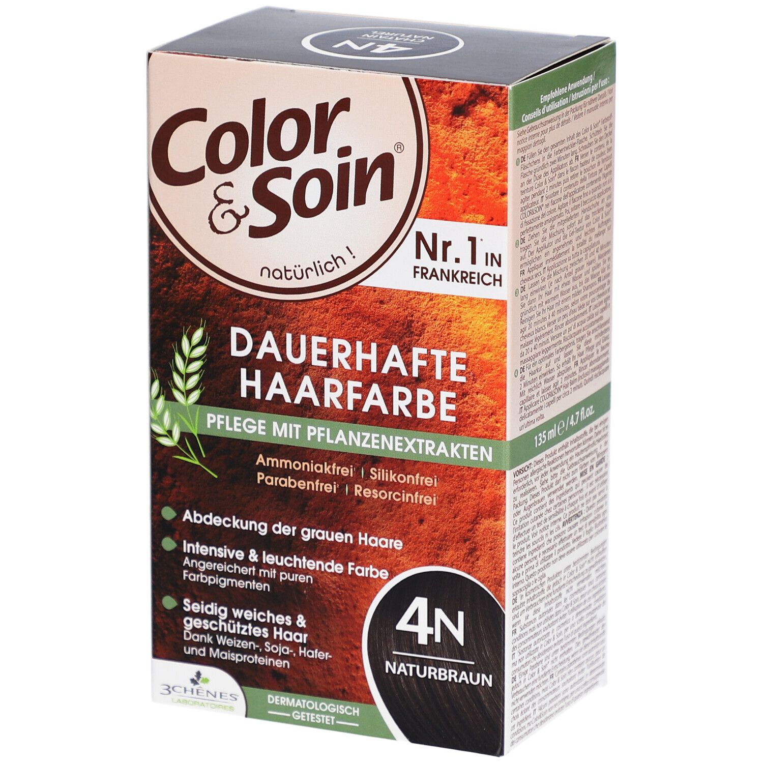 Verpakking haarverf "Color & Soin" 4N Naturbraun. Tekst: "Dauerhafte Haarfarbe", "Pflege mit Pflanzenextrakten".