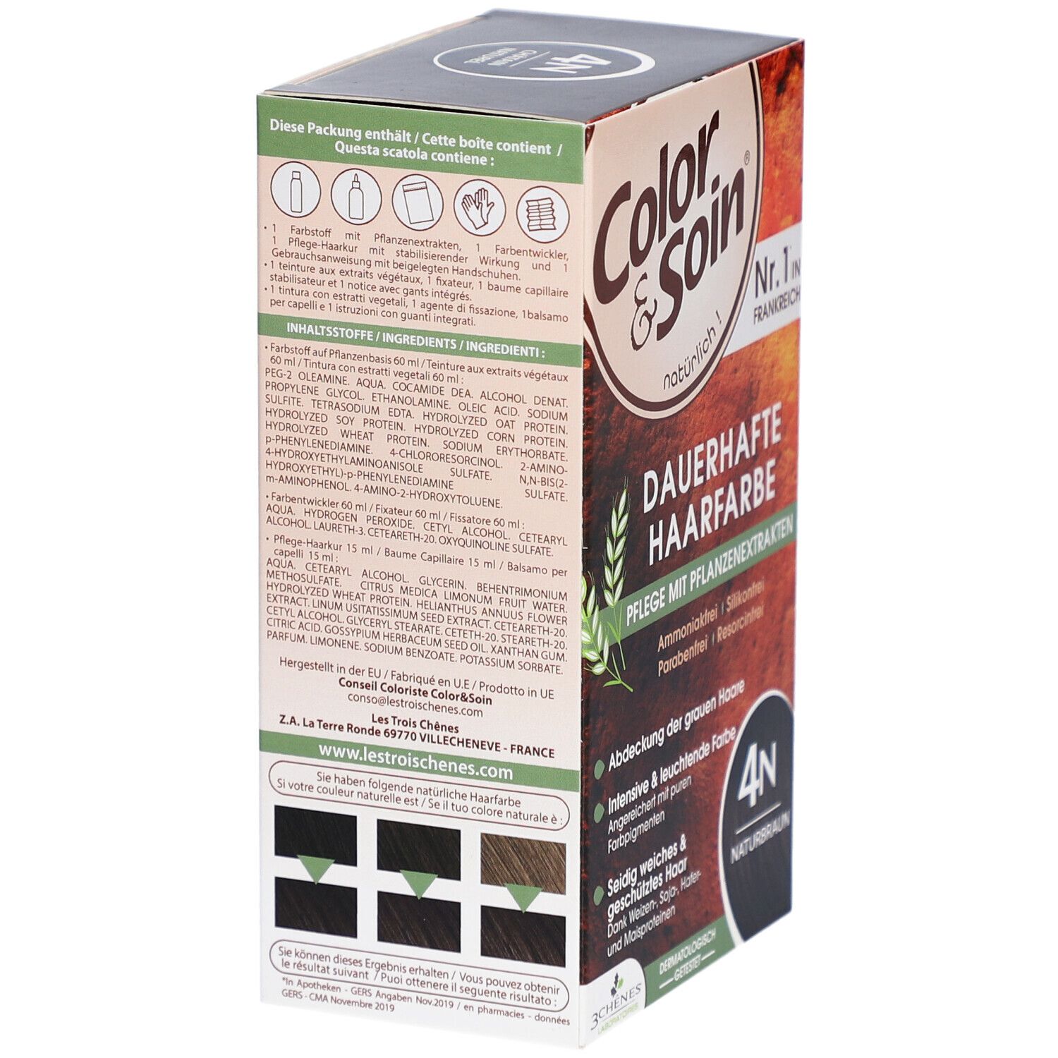 Verpakking "Color & Soin" met meertalige teksten. Bevat "Dauerhafte Haarfarbe" en "4N Naturbraun".
