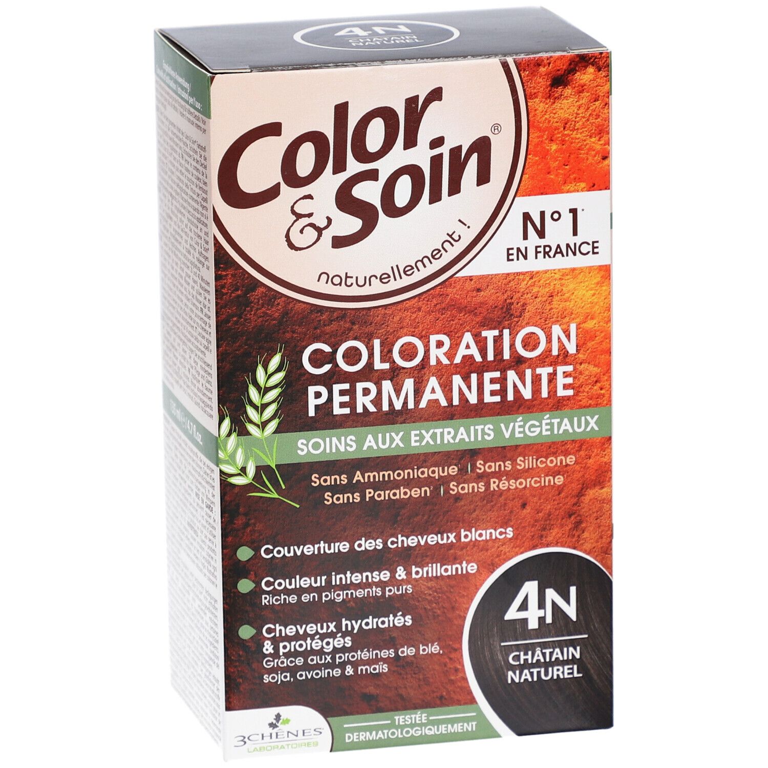 Verpakking haarverf "Color & Soin" 4N Châtain Naturel. Tekst: "Coloration Permanente", "Soins aux extraits végétaux".