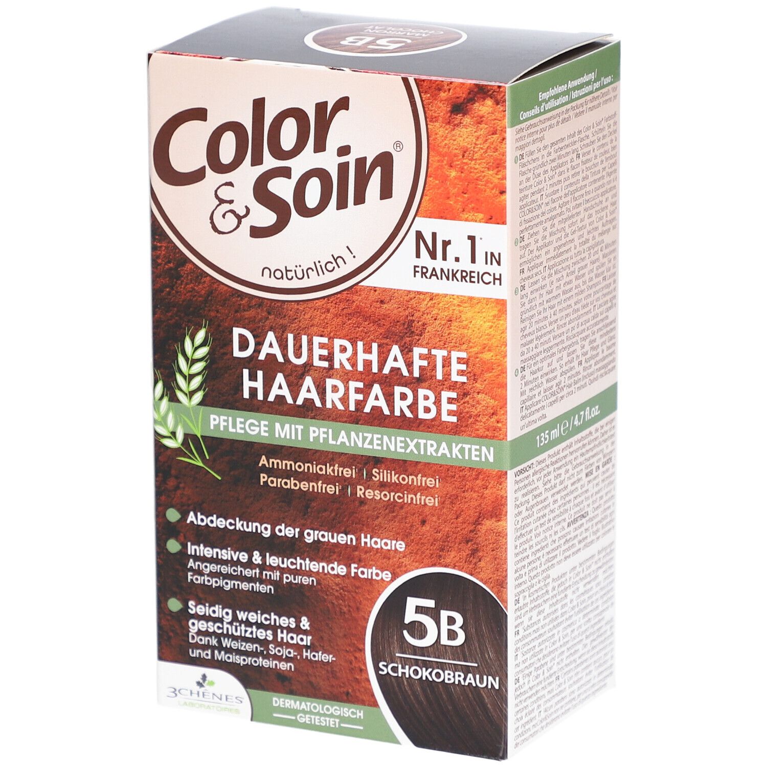 Boîte de coloration Color & Soin 5B Marron Chocolat. Face avant avec nom du produit, informations et certification.