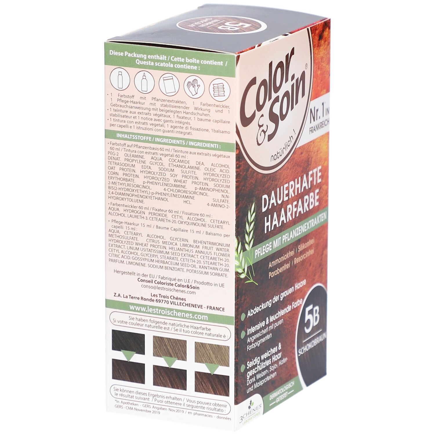 Dos de la boîte de coloration Color & Soin. Contient ingrédients, mode d'emploi et exemples de couleurs.