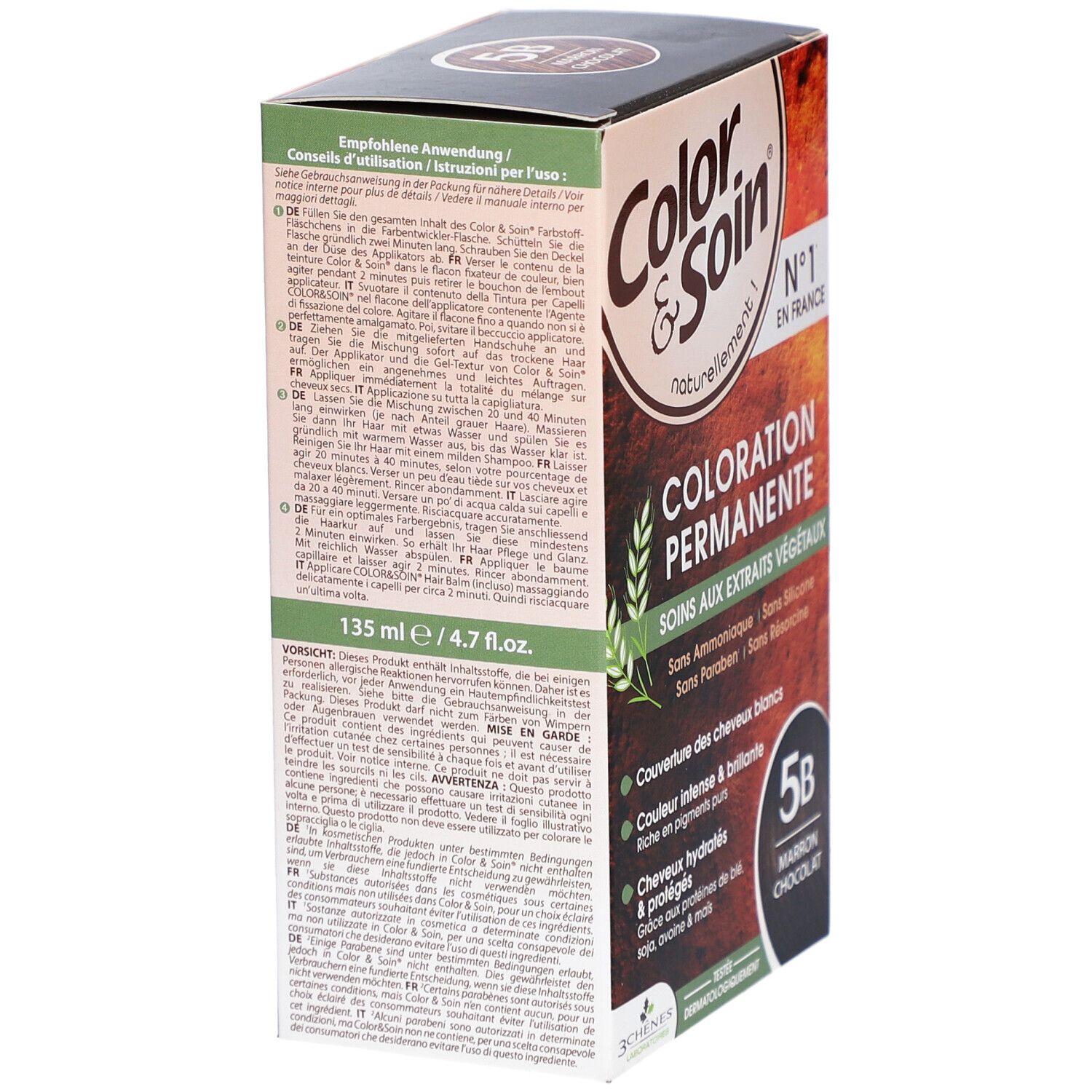 Côté de la boîte de coloration Color & Soin, 5B Marron Chocolat. Contient mode d'emploi et ingrédients.