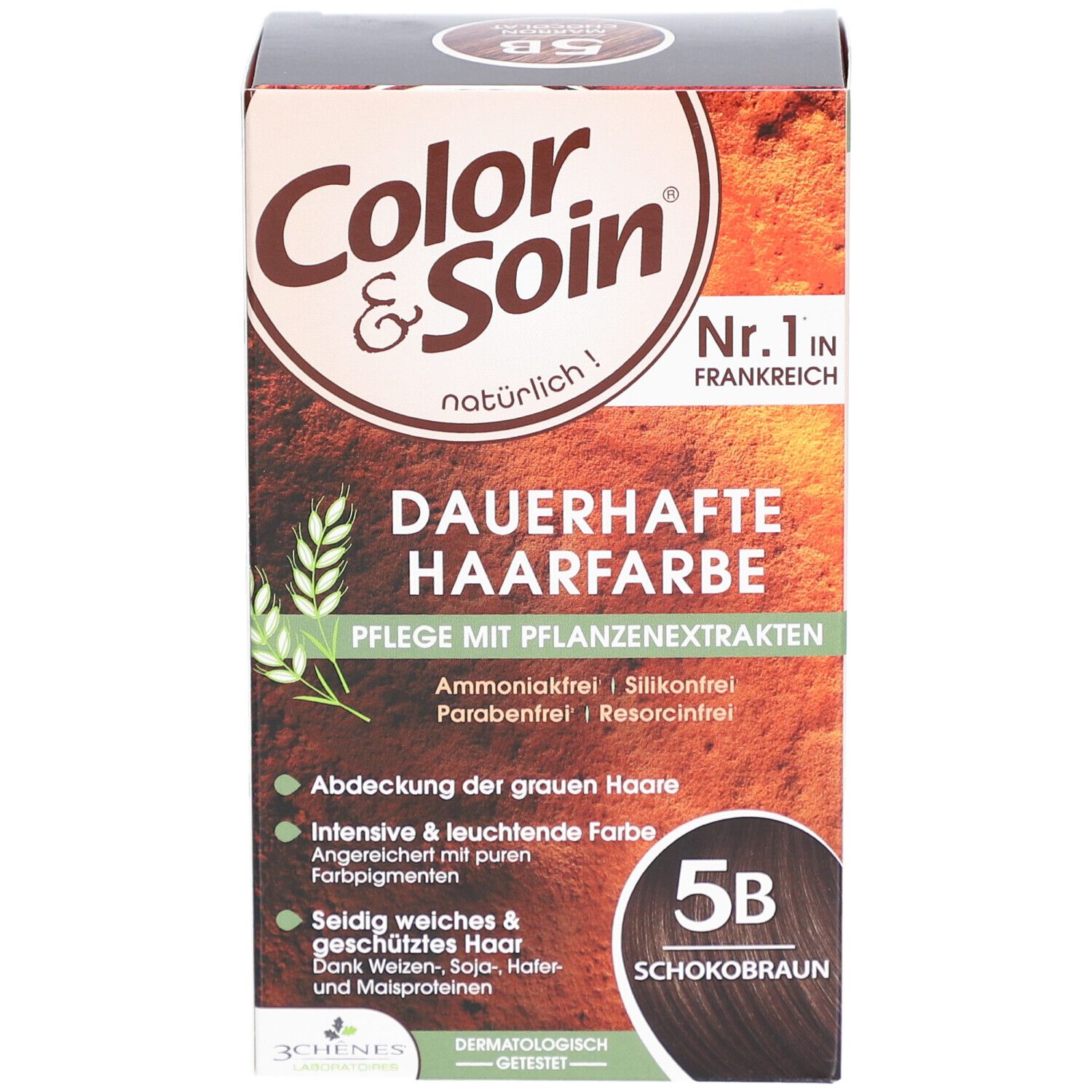 Boîte de coloration Color & Soin 5B Marron Chocolat. Face avant avec nom, informations et certification.
