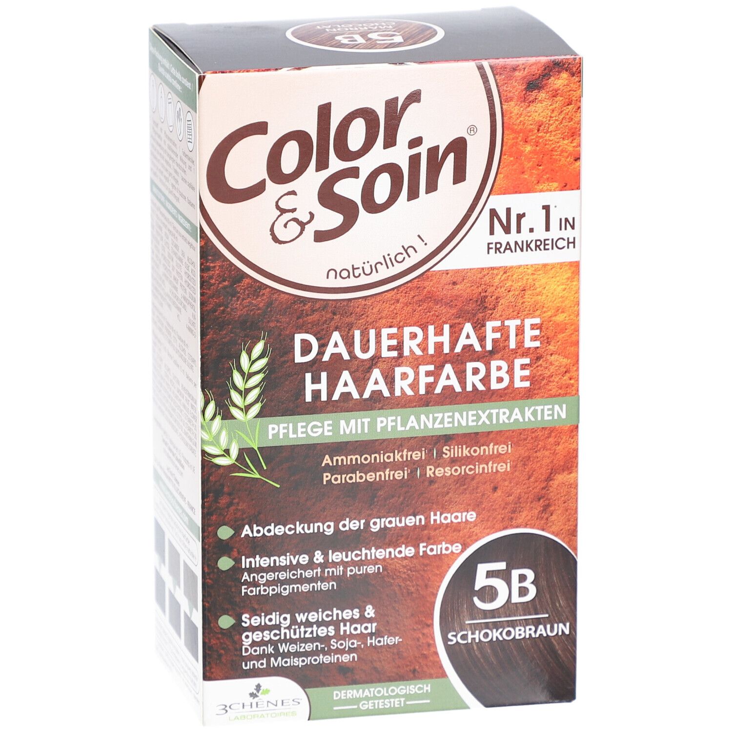 Boîte de coloration Color & Soin 5B Marron Chocolat. Face avant avec nom, informations et certification.