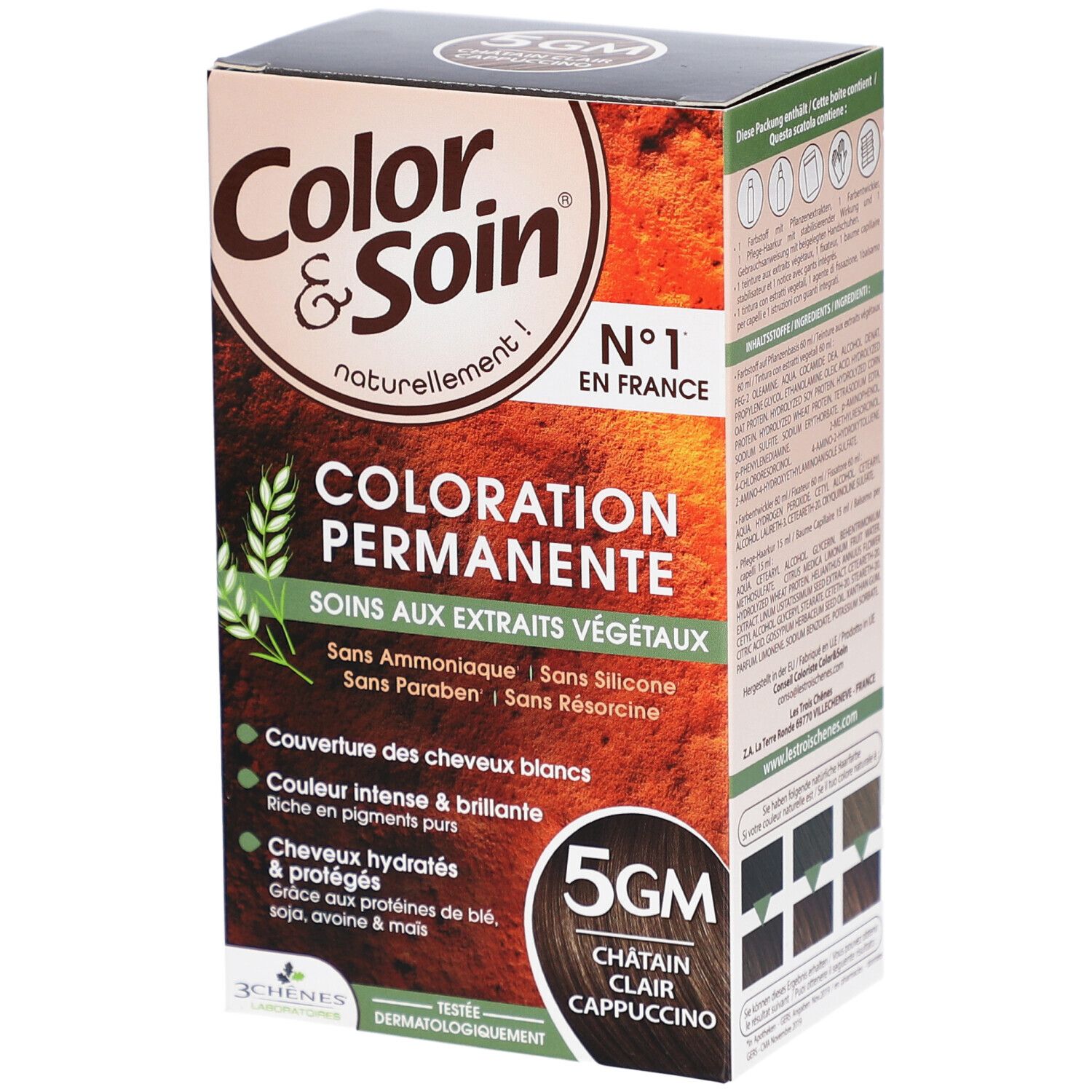 Boîte Color & Soin® 5GM Châtain Clair Cappuccino. Coloration Permanente, Soins aux extraits végétaux. Sans ammoniaque, silicone, parabène, résorcine.
