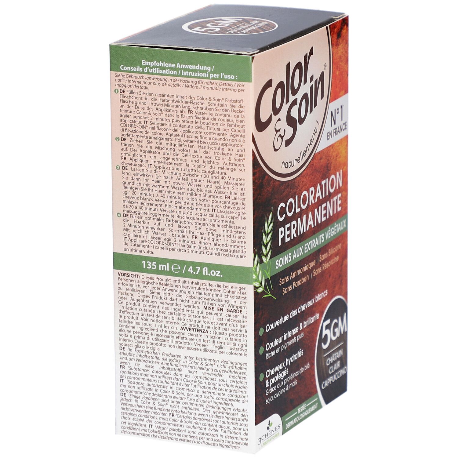Boîte Color & Soin®. Dos avec texte multilingue. 135 ml / 4.7 fl.oz. Coloration Permanente, Soins aux extraits végétaux. 5GM Châtain Clair Cappuccino.
