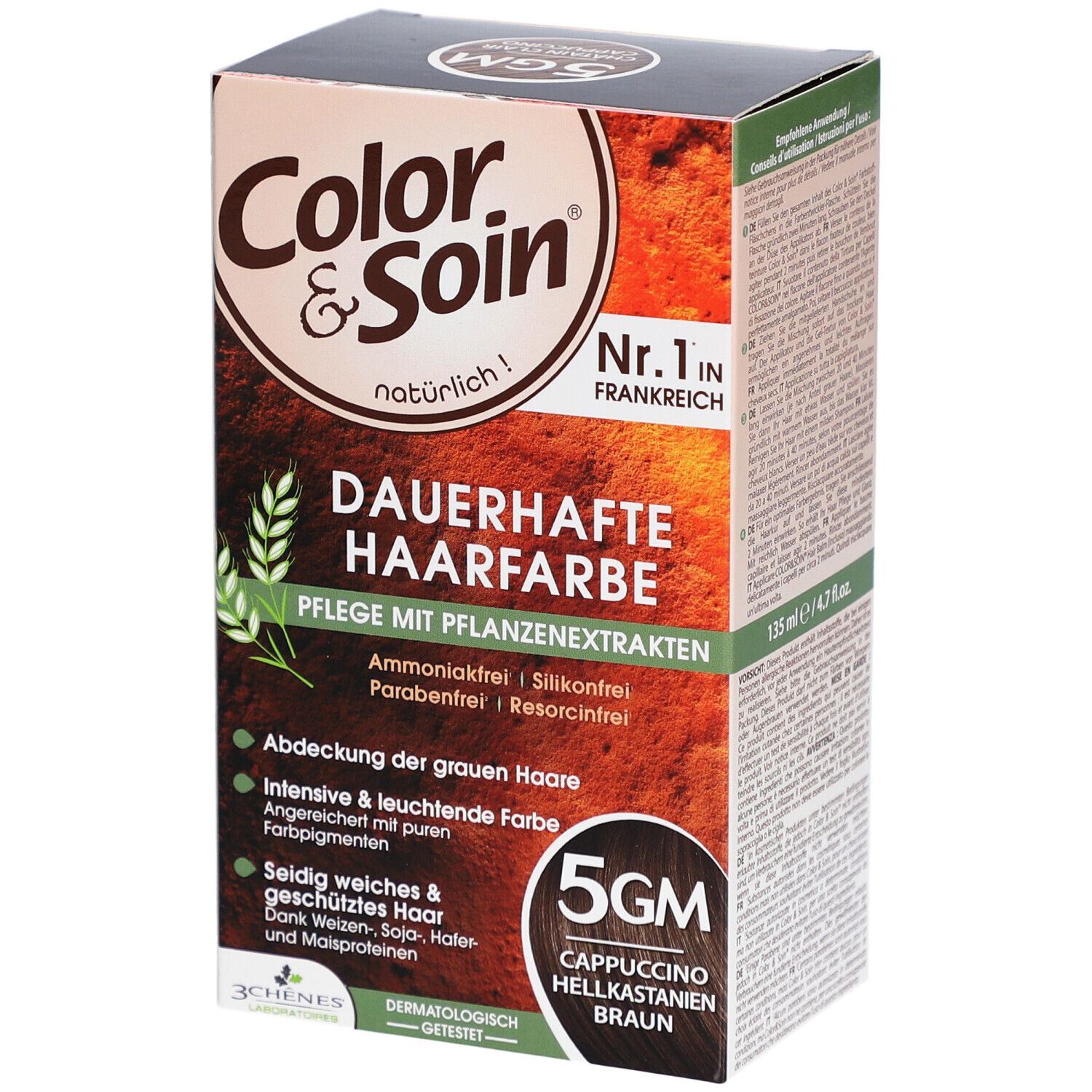 Boîte Color & Soin® 5GM Cappuccino Hellkastanien Braun. Coloration Permanente, Soins aux extraits végétaux. Sans ammoniaque, silicone, parabène, résorcine.
