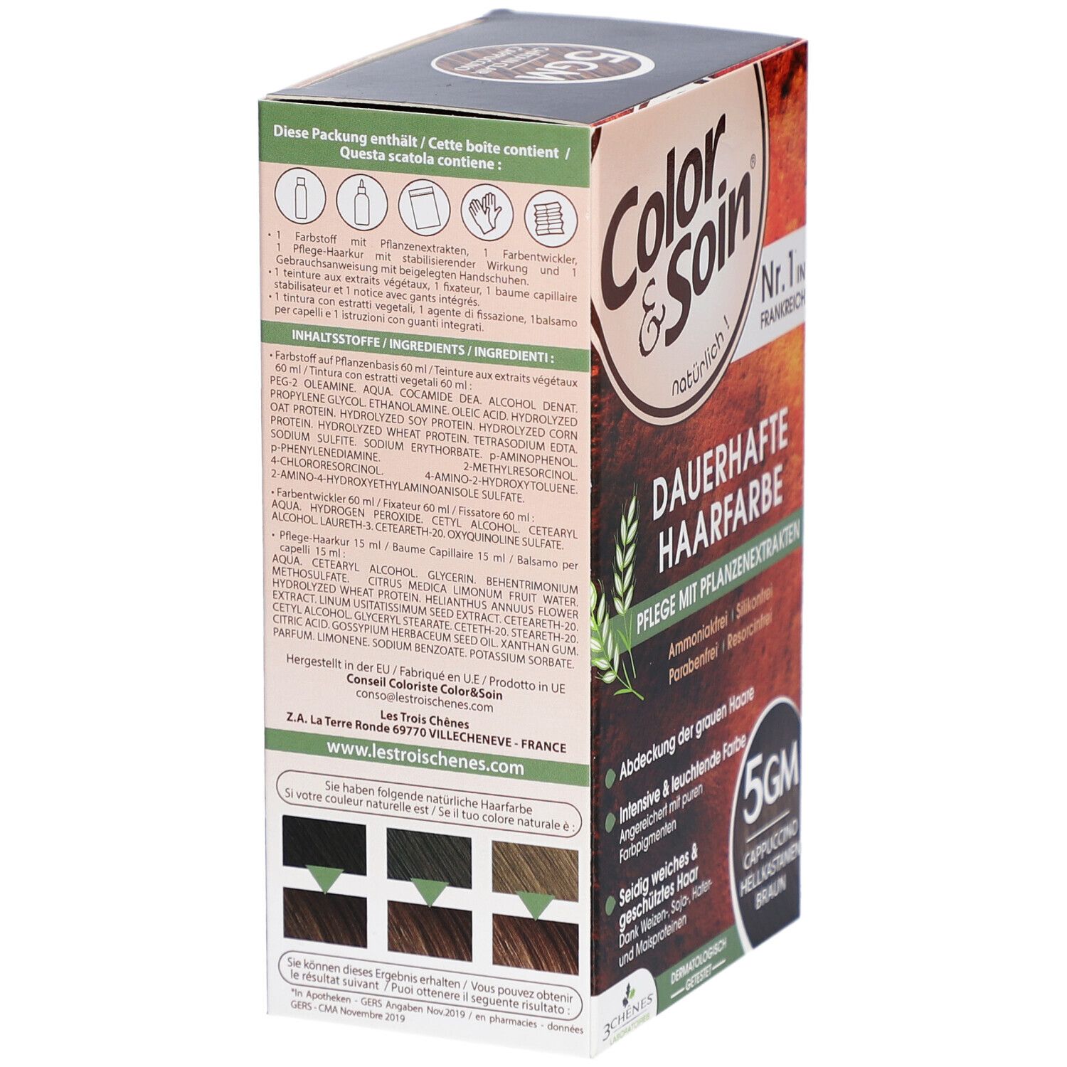 Boîte Color & Soin®. Dos avec ingrédients et texte multilingue. 5GM Cappuccino Hellkastanien Braun. Soins aux extraits végétaux.