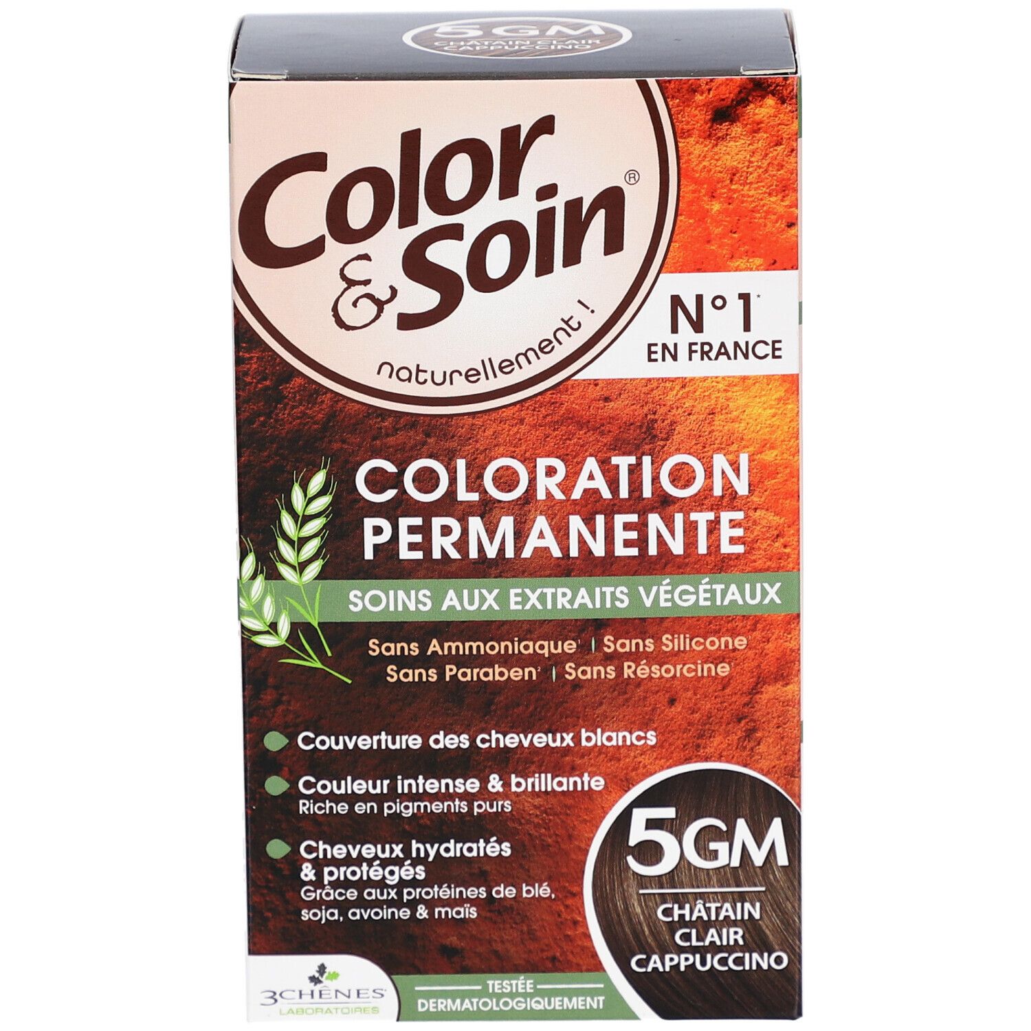 Boîte Color & Soin® 5GM Châtain Clair Cappuccino. Coloration Permanente, Soins aux extraits végétaux. Sans ammoniaque, silicone, parabène, résorcine.