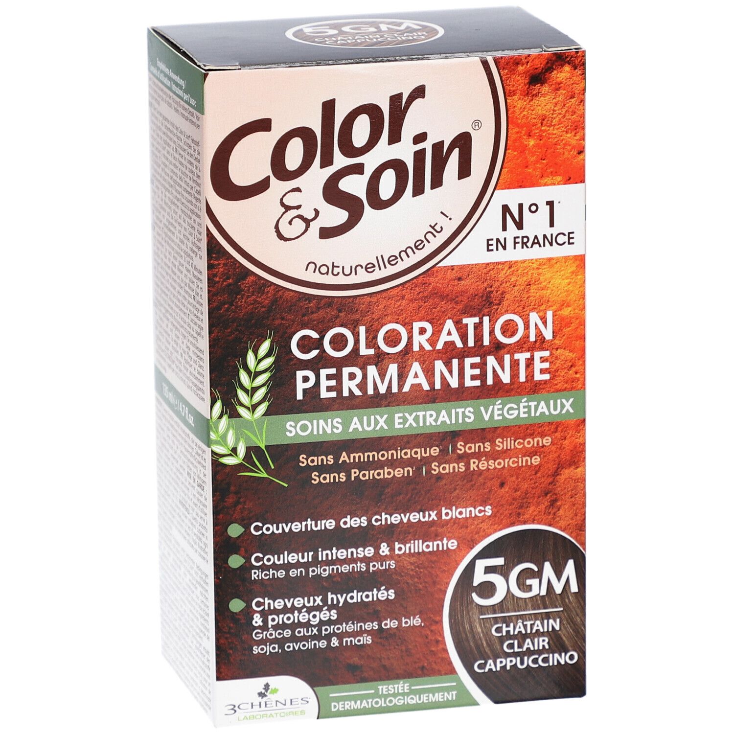 Boîte Color & Soin® 5GM Châtain Clair Cappuccino. Coloration Permanente, Soins aux extraits végétaux. Sans ammoniaque, silicone, parabène, résorcine.