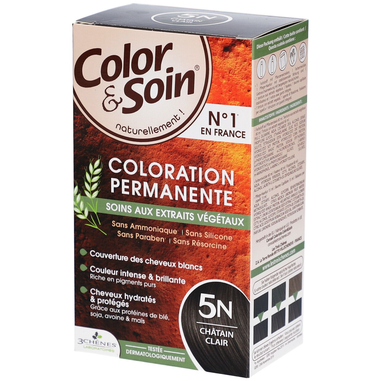 Haarkleurdoos. Color & Soin permanente kleuring. 5N Châtain Clair. Zonder ammoniak, siliconen, parabenen en resorcinol.