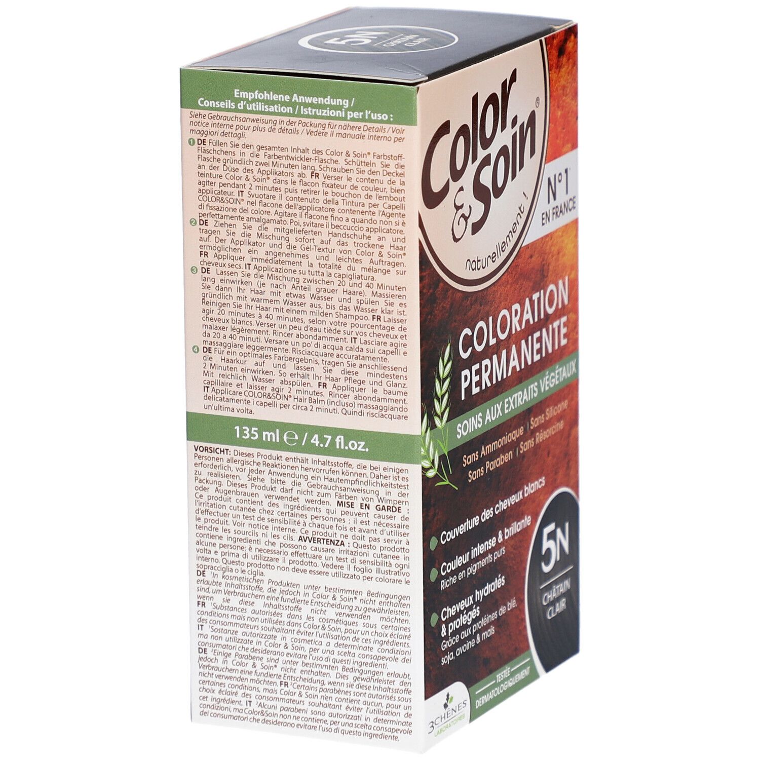 Haarkleurdoos. Color & Soin 5N Châtain Clair. 135 ml/4.7 fl. oz. Instructies op de achterkant.