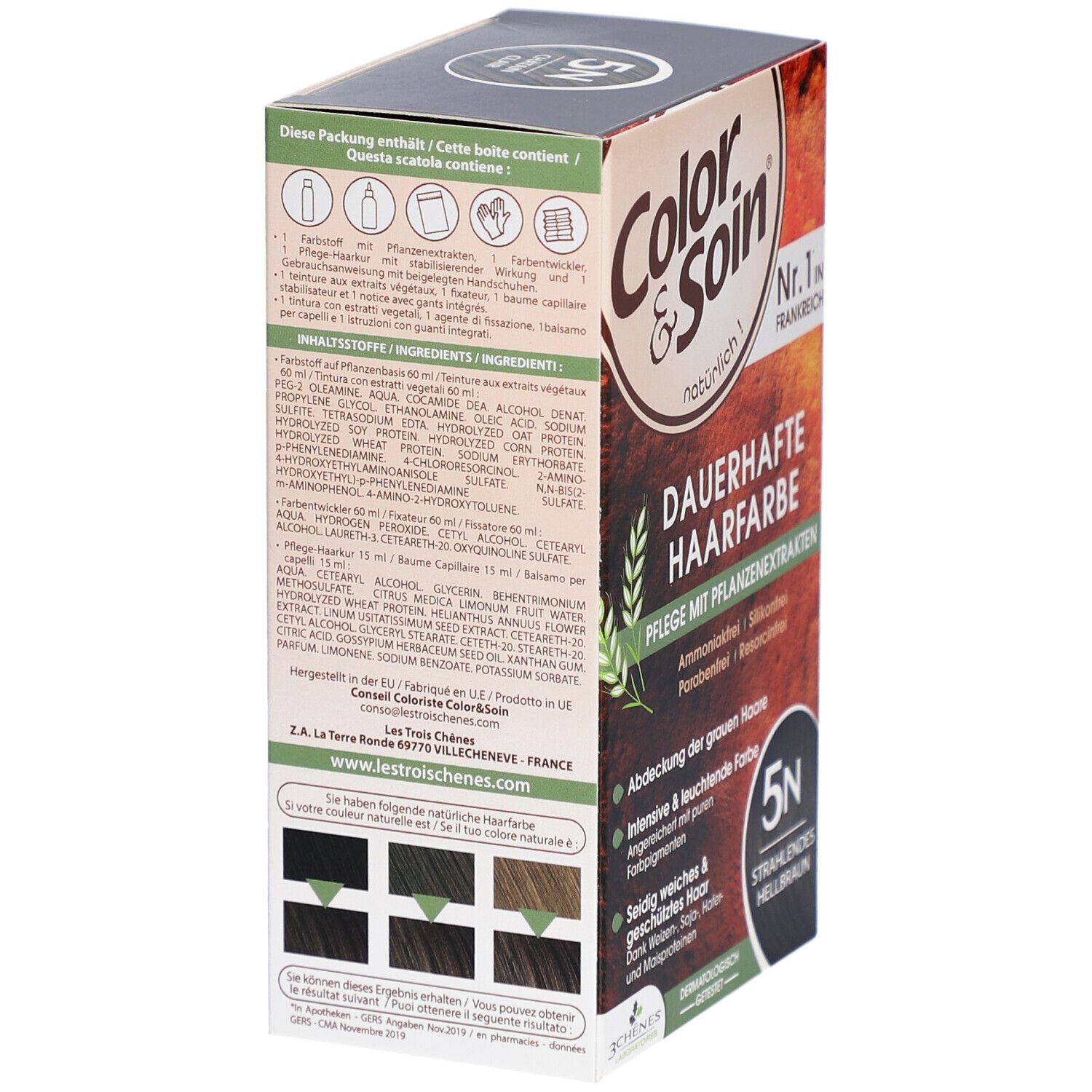Haarkleurdoos. Color & Soin 5N Stralend Lichtbruin. Ingrediënten en kleurstalen op de achterkant.