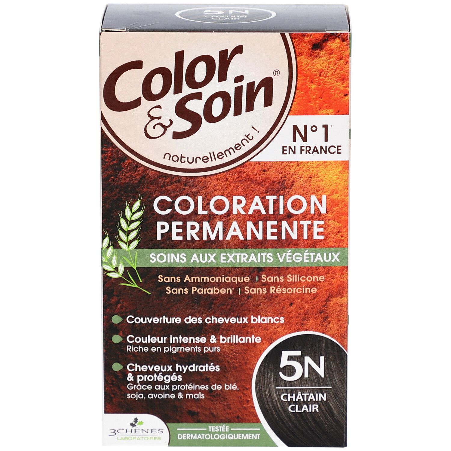 Haarkleurdoos. Color & Soin permanente kleuring. 5N Châtain Clair. Zonder ammoniak, siliconen, parabenen en resorcinol.