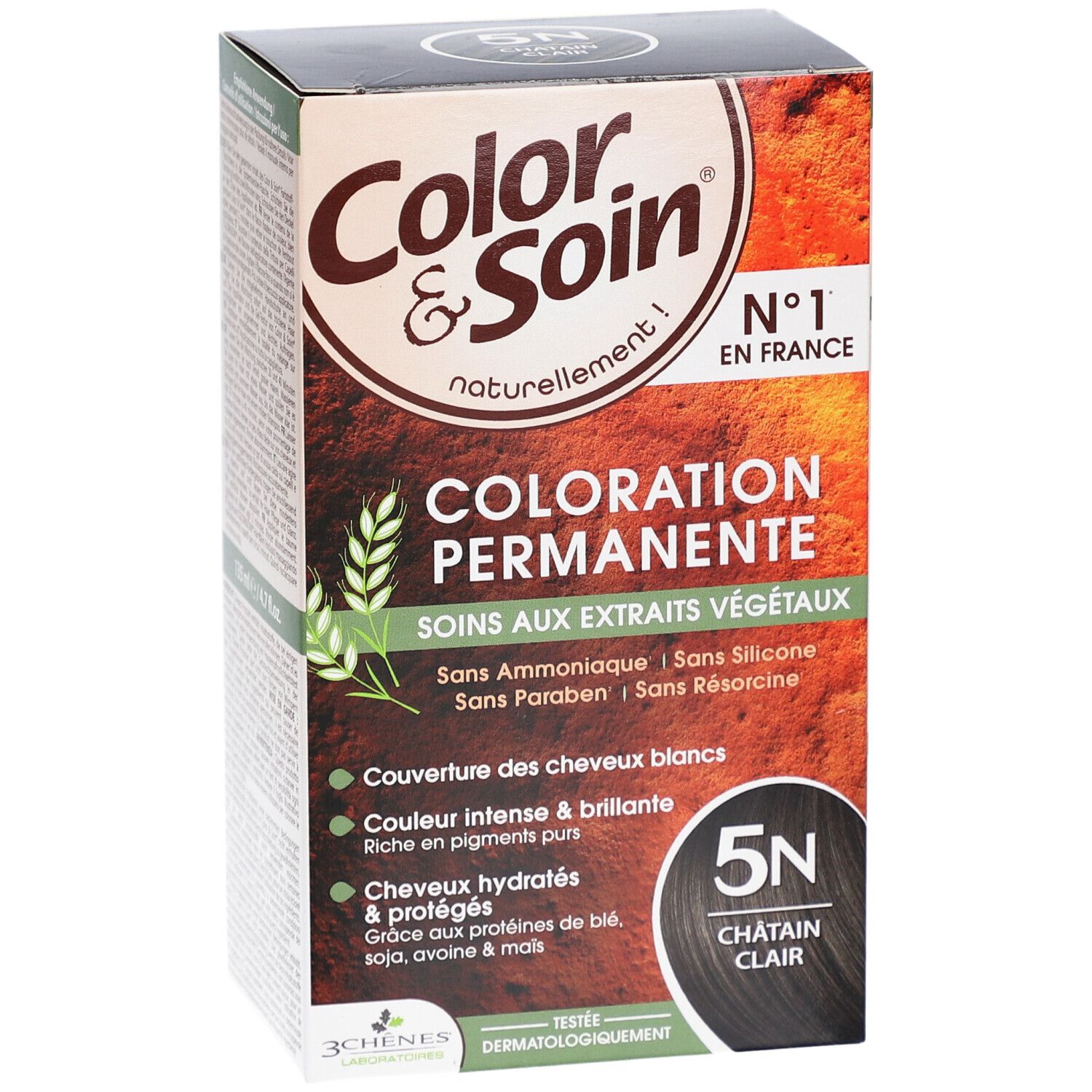 Haarkleurdoos. Color & Soin permanente kleuring. 5N Châtain Clair. Zonder ammoniak, siliconen, parabenen en resorcinol.