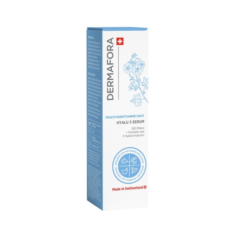 Witte en blauwe verpakking met productnaam en logo. Tekst: Hyalu 3 Serum, Bio-Malve, 3 hyaluronzuren. Gemaakt in Zwitserland.
